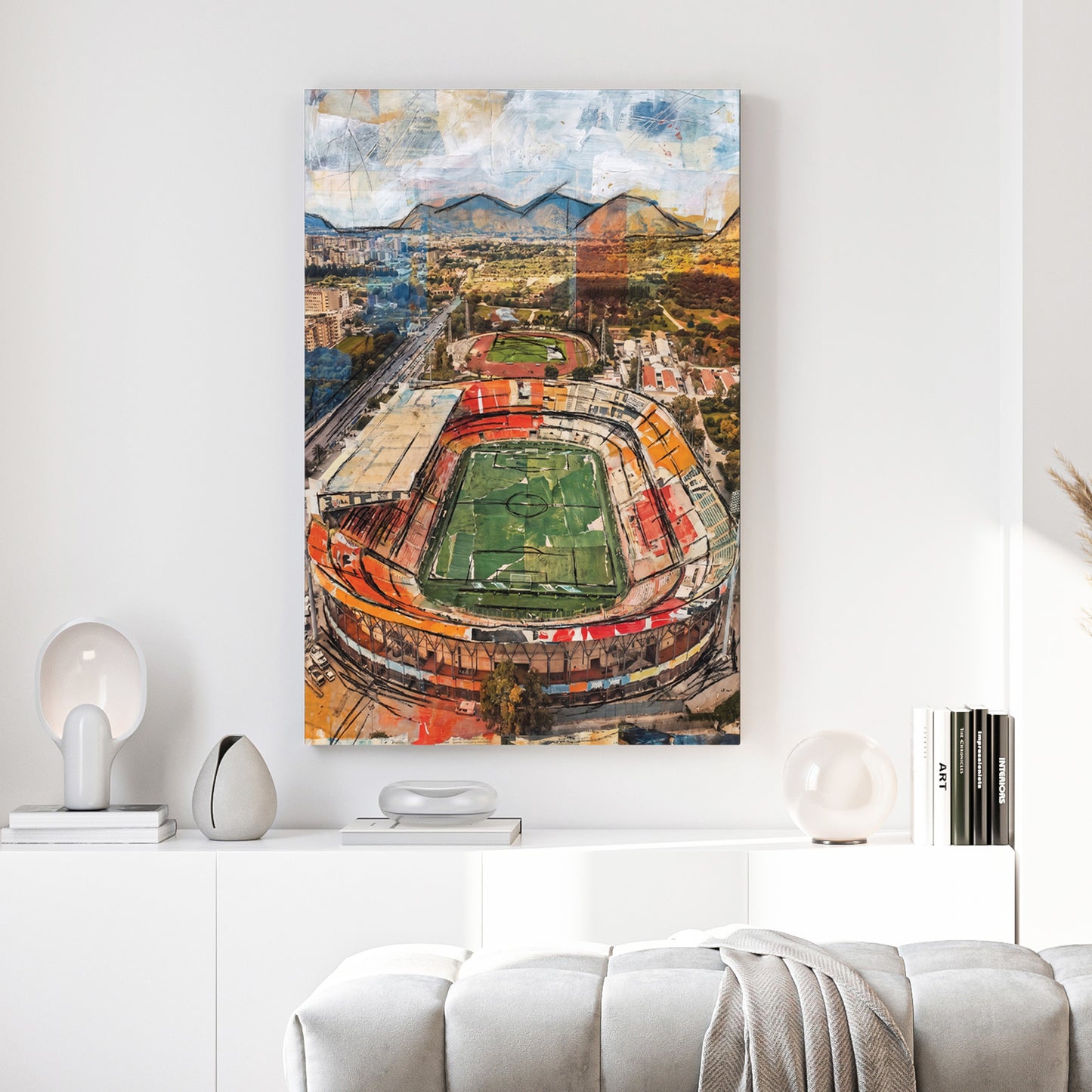 Palermo Stadio Renzo Barbera Aerial canvas wall art print above a sofa in a contemporary living room