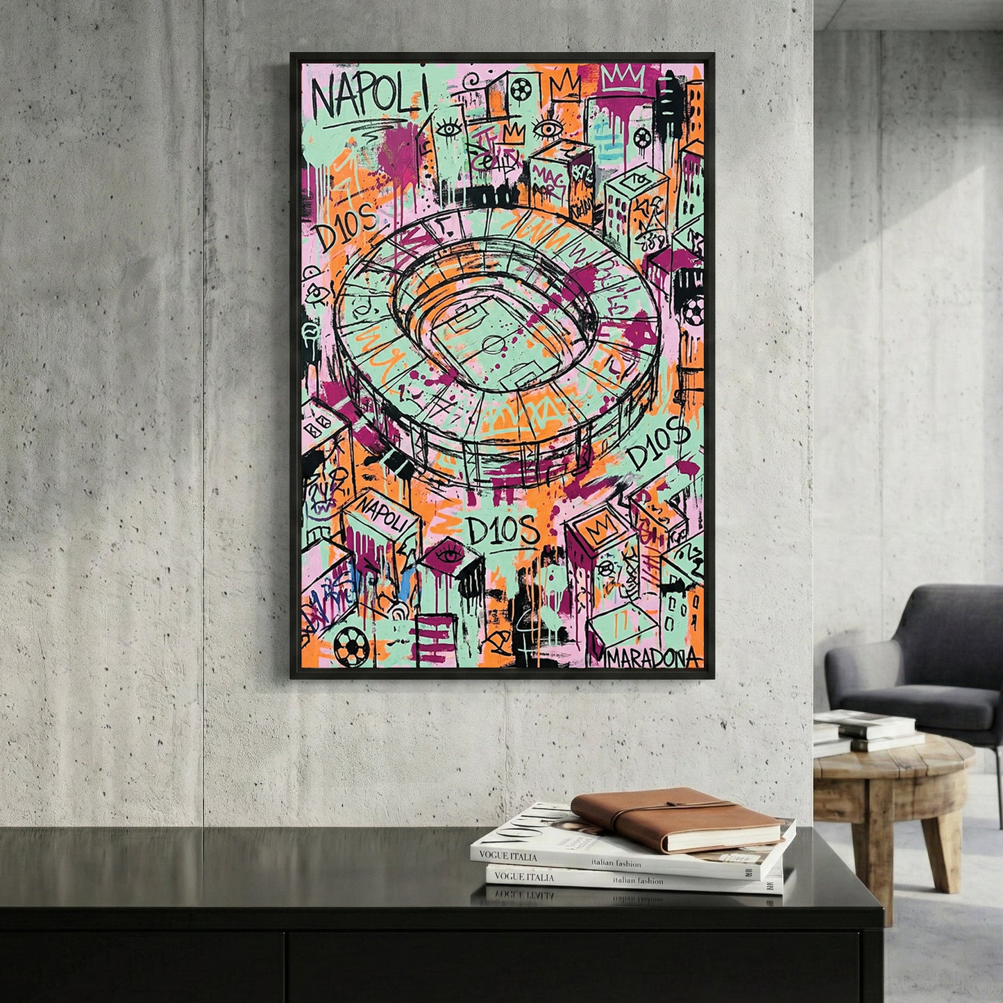 Napoli Stadium Maradona D10S Graffiti framed canvas wall art print in a gallery-style display