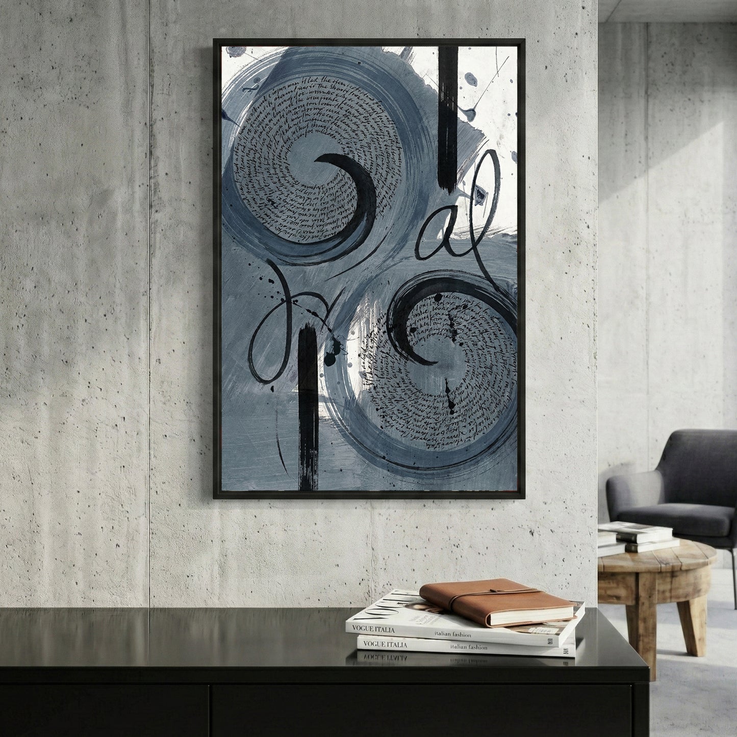 Grey Swirl Abstract framed canvas wall art print in a gallery-style display