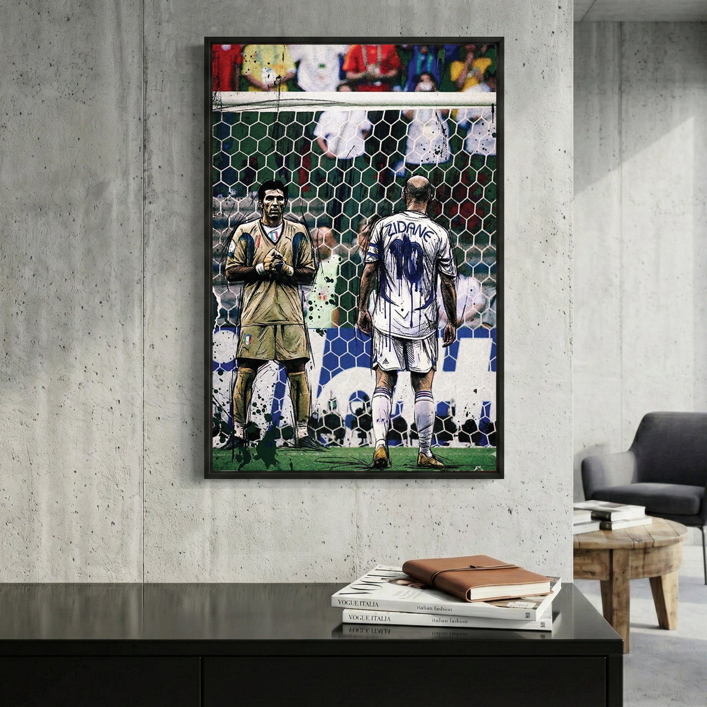 Zinedine Zidane 2006 World Cup Final framed canvas wall art print in a gallery-style display