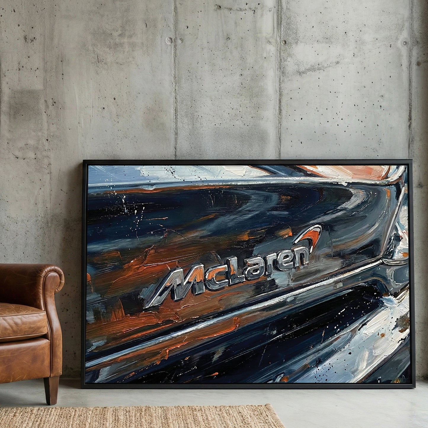 McLaren Supercar Badge Close Up Painting framed canvas wall art print in a gallery-style display