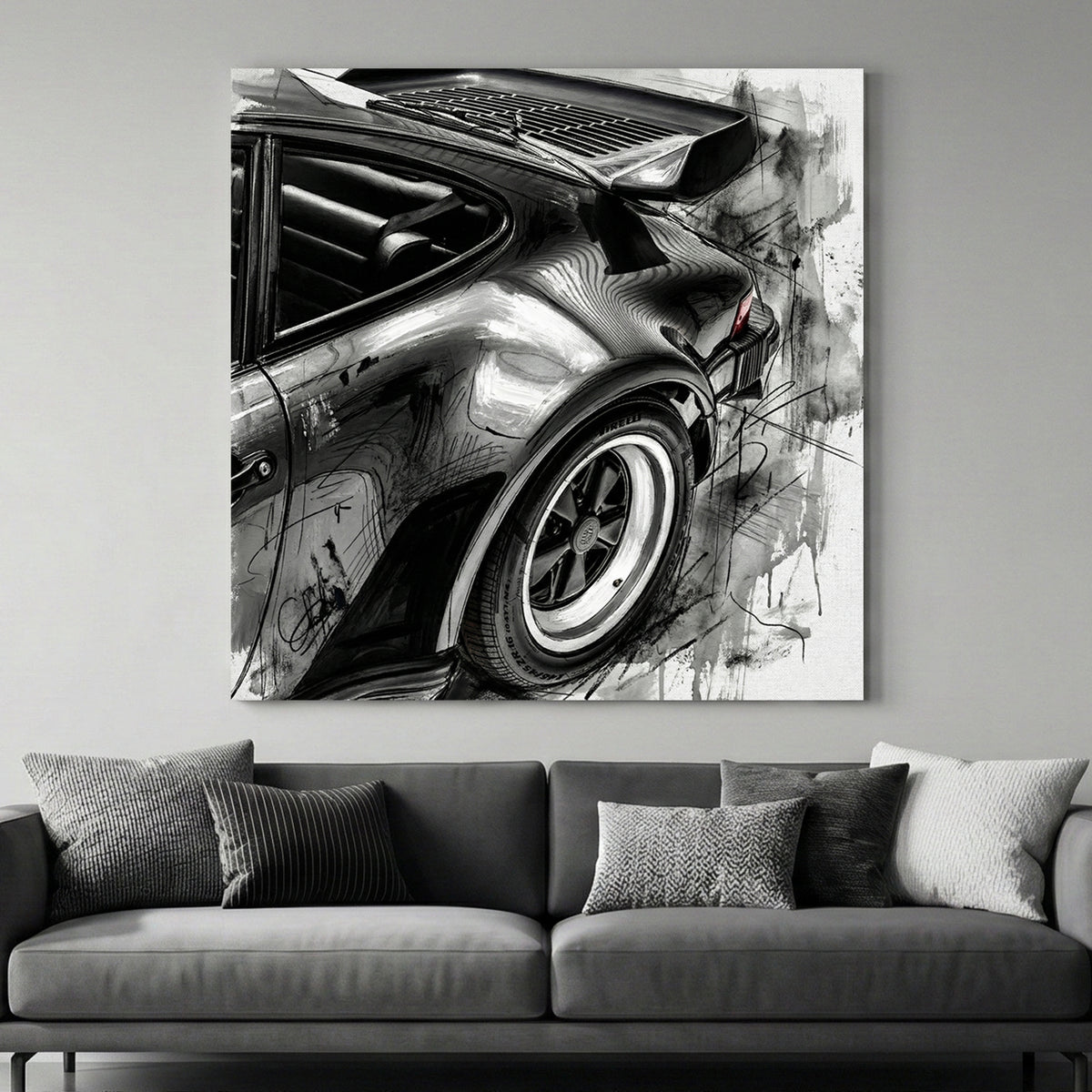 Porsche 911 Rear Quarter Sketch canvas wall art print above a sofa in a contemporary living room