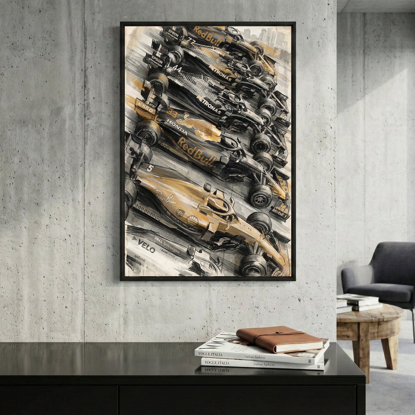 F1 Race Lineup Oil Painting framed canvas wall art print in a gallery-style display