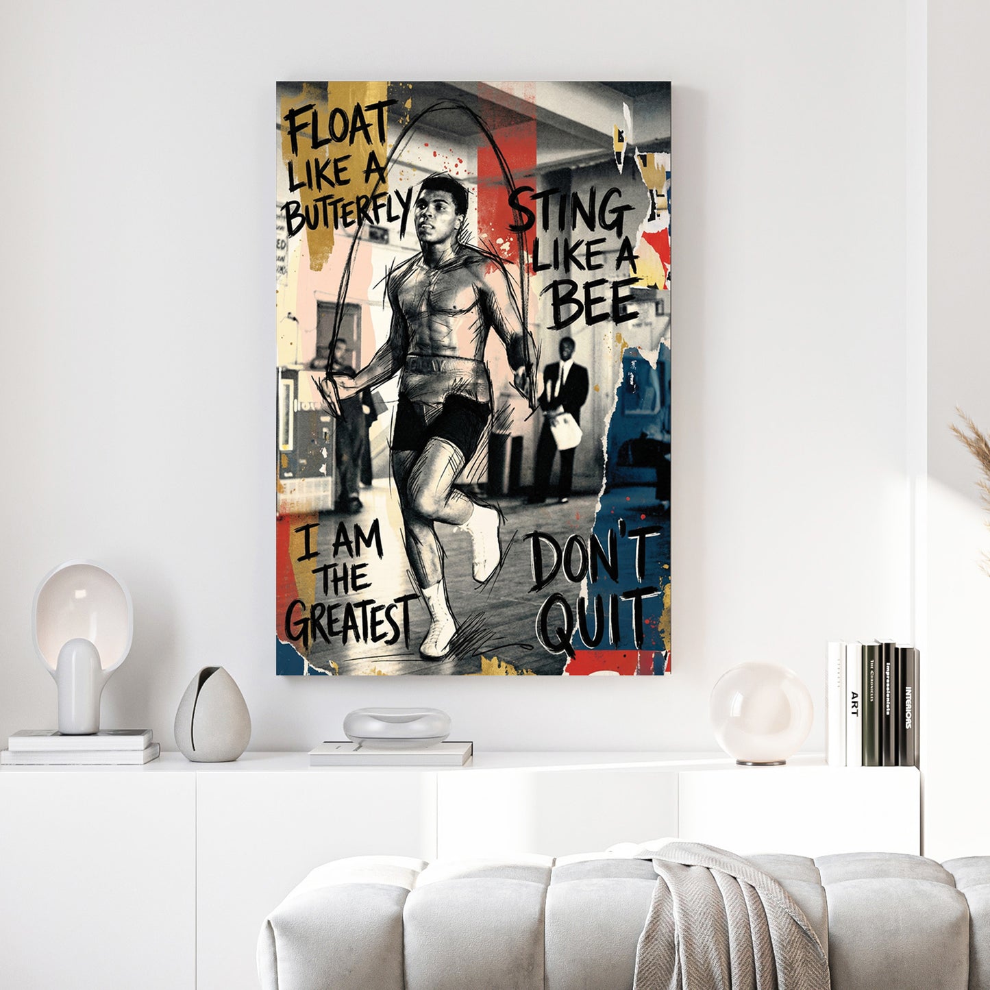 Muhammad Ali Float Like a Butterfly canvas wall art print above a sofa in a contemporary living room