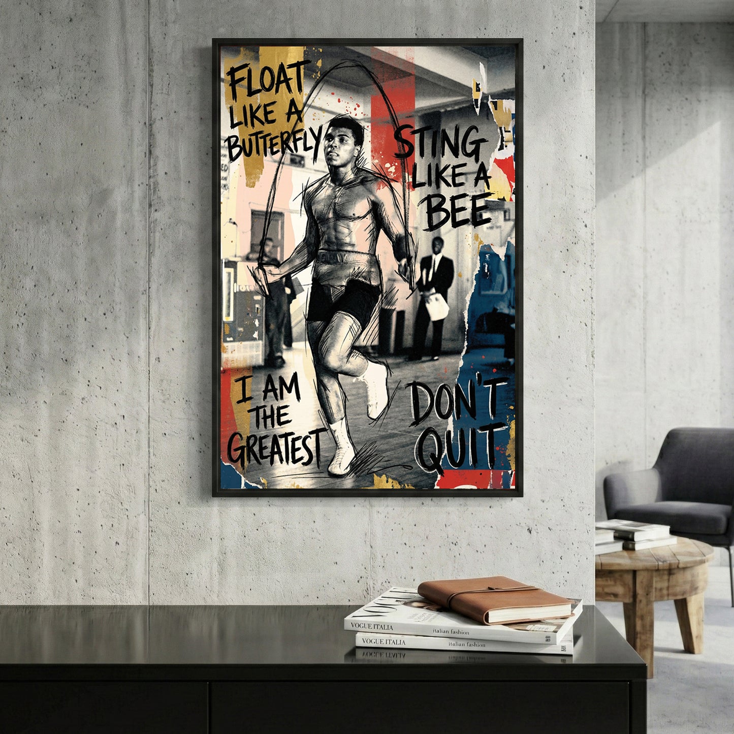 Muhammad Ali Float Like a Butterfly framed canvas wall art print in a gallery-style display