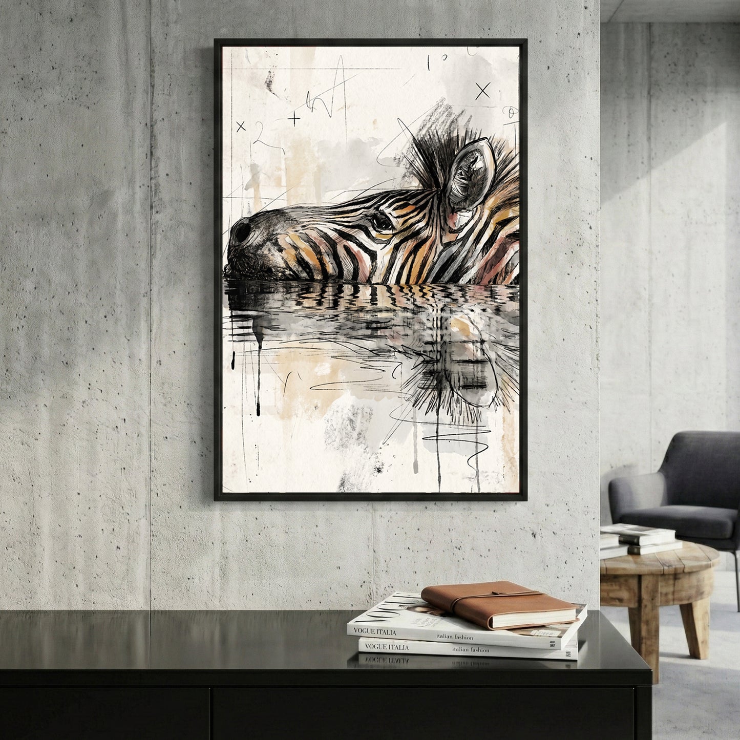 Zebra Water Reflection Painting framed canvas wall art print in a gallery-style display