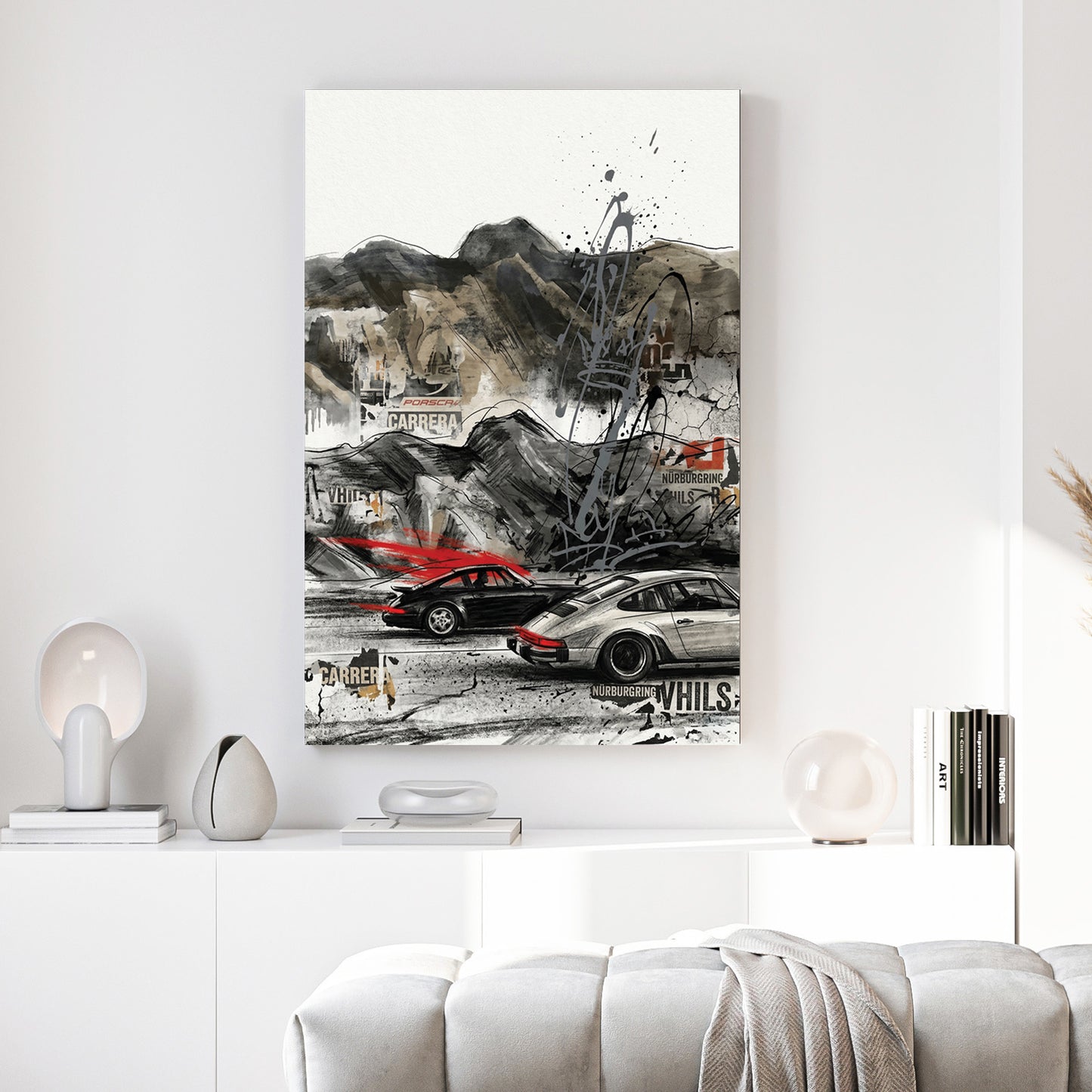 Porsche 911 Urban Street Art canvas wall art print above a sofa in a contemporary living room