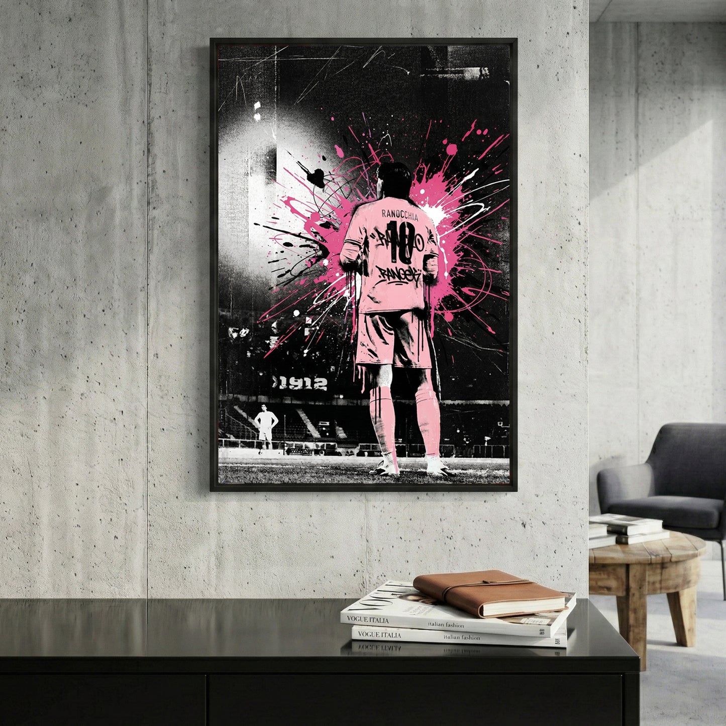 Ranocchia Palermo FC Pink Splatter framed canvas wall art print in a gallery-style display