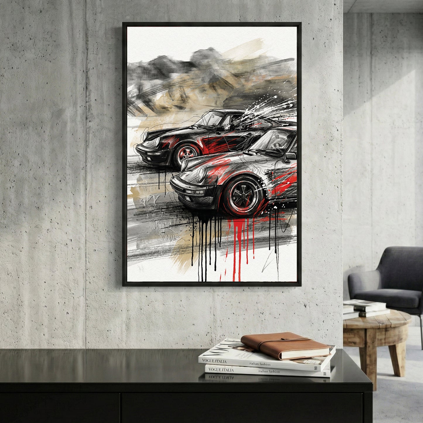Black and Grey Porsche 911 Sports Car framed canvas wall art print in a gallery-style display