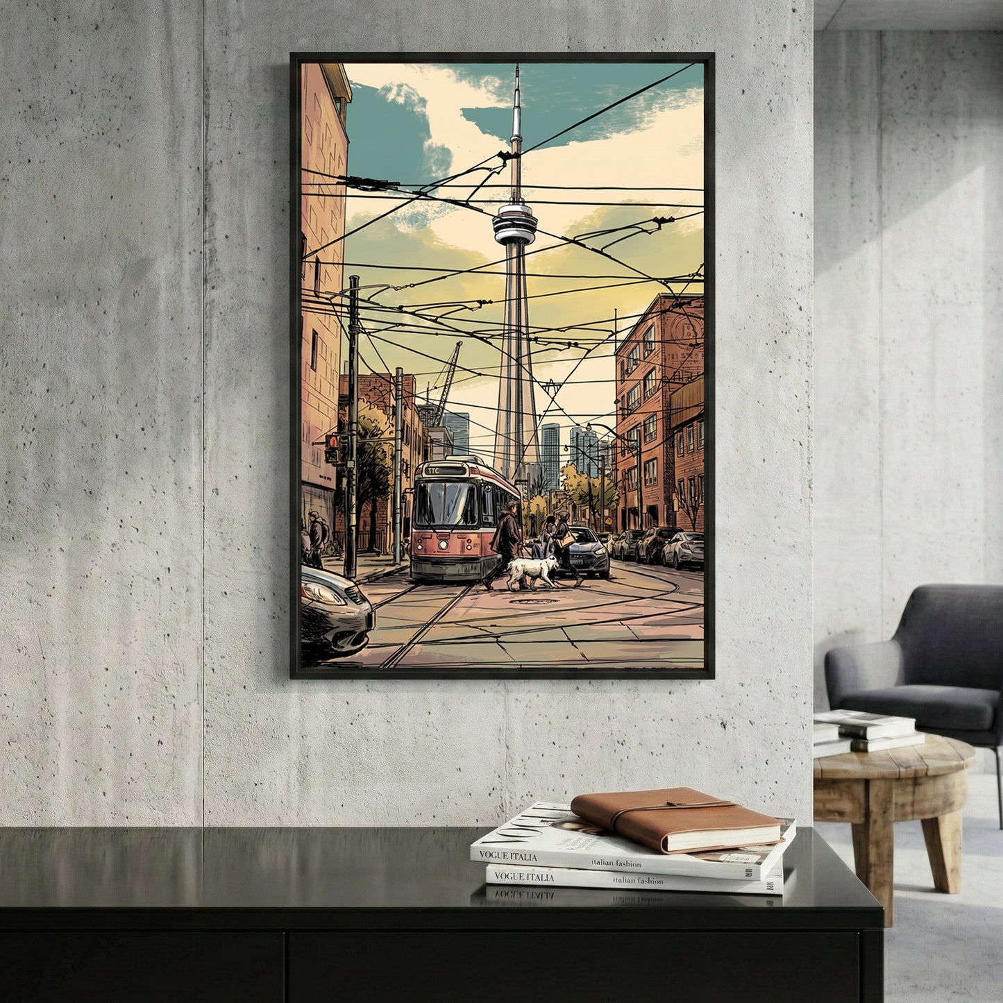 Toronto CN Tower Streetcar framed canvas wall art print in a gallery-style display