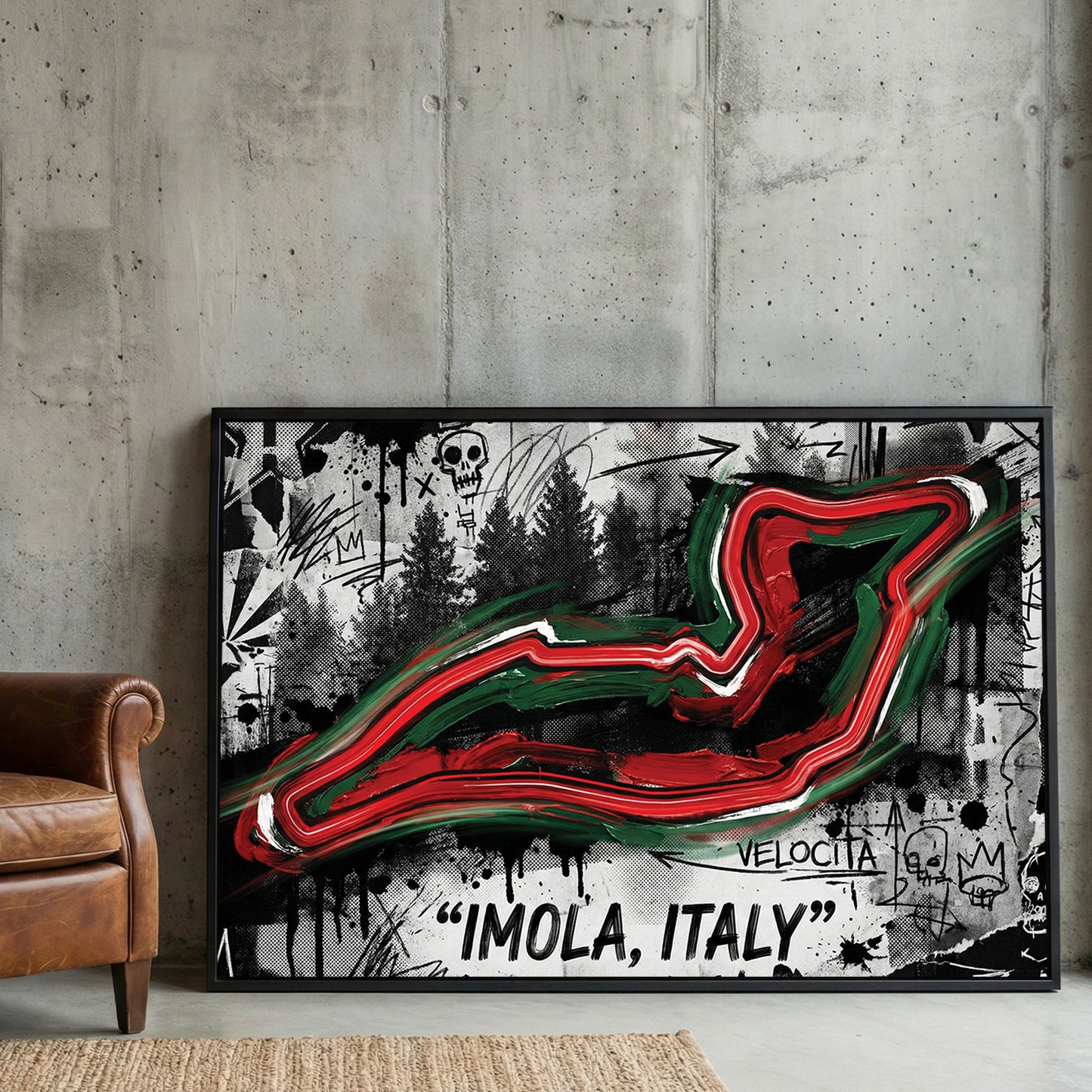 Imola Italy F1 Circuit Map Graffiti framed canvas wall art print in a gallery-style display