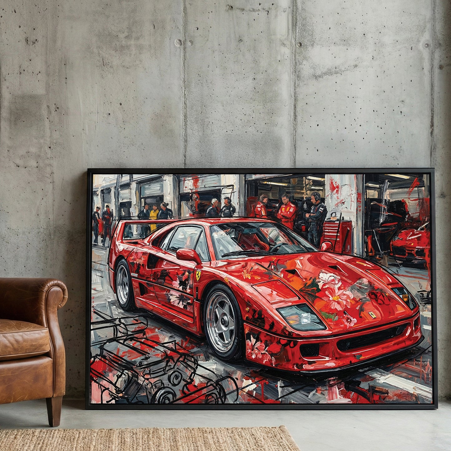 Red Ferrari F40 Supercar framed canvas wall art print in a gallery-style display