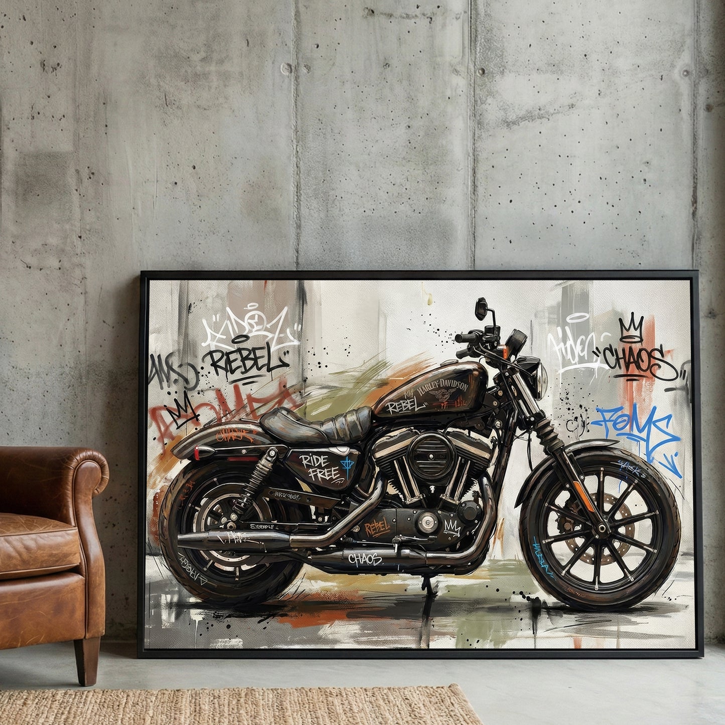 Harley-Davidson Iron 883 Graffiti framed canvas wall art print in a gallery-style display