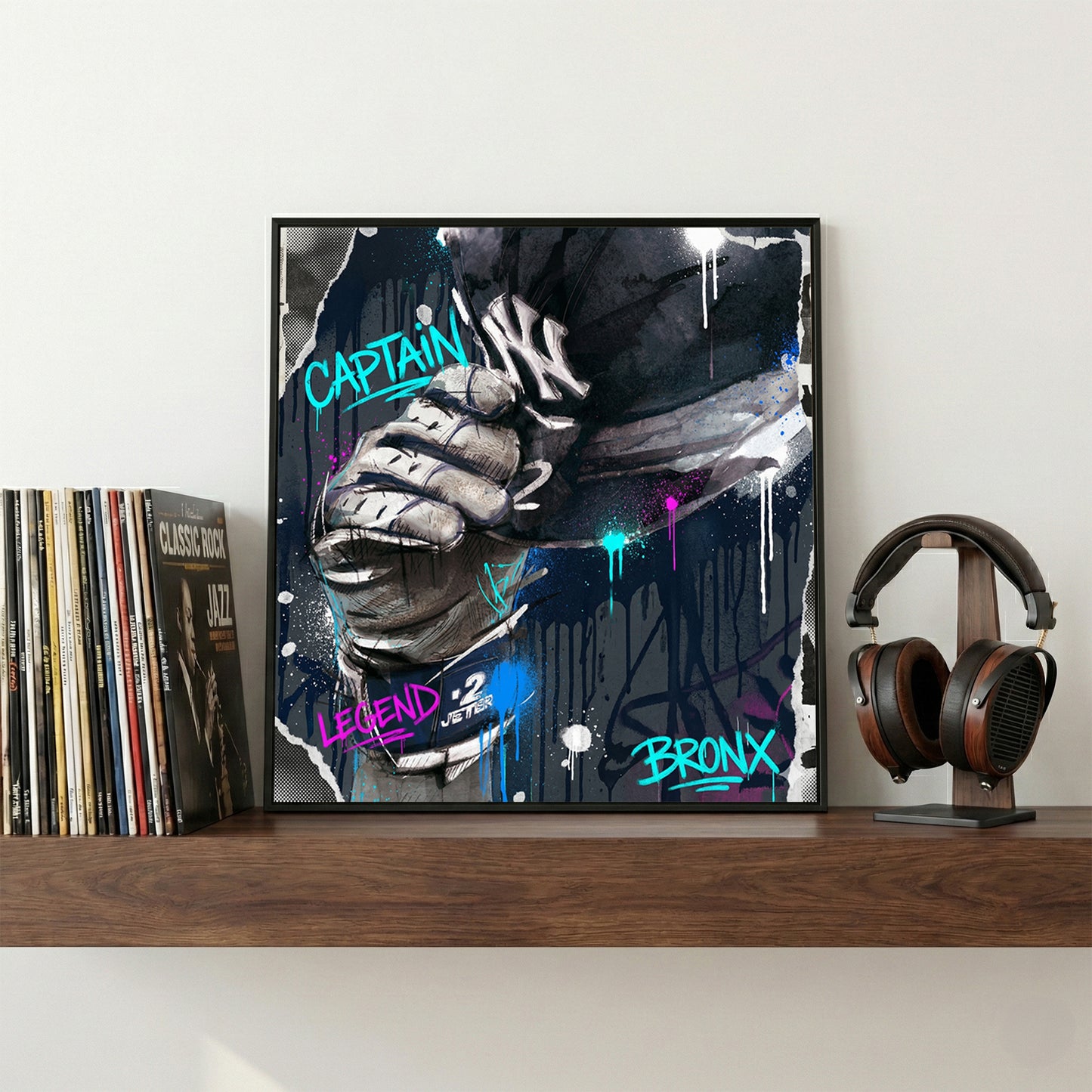 Derek Jeter Yankees Captain Graffiti framed canvas wall art print in a gallery-style display