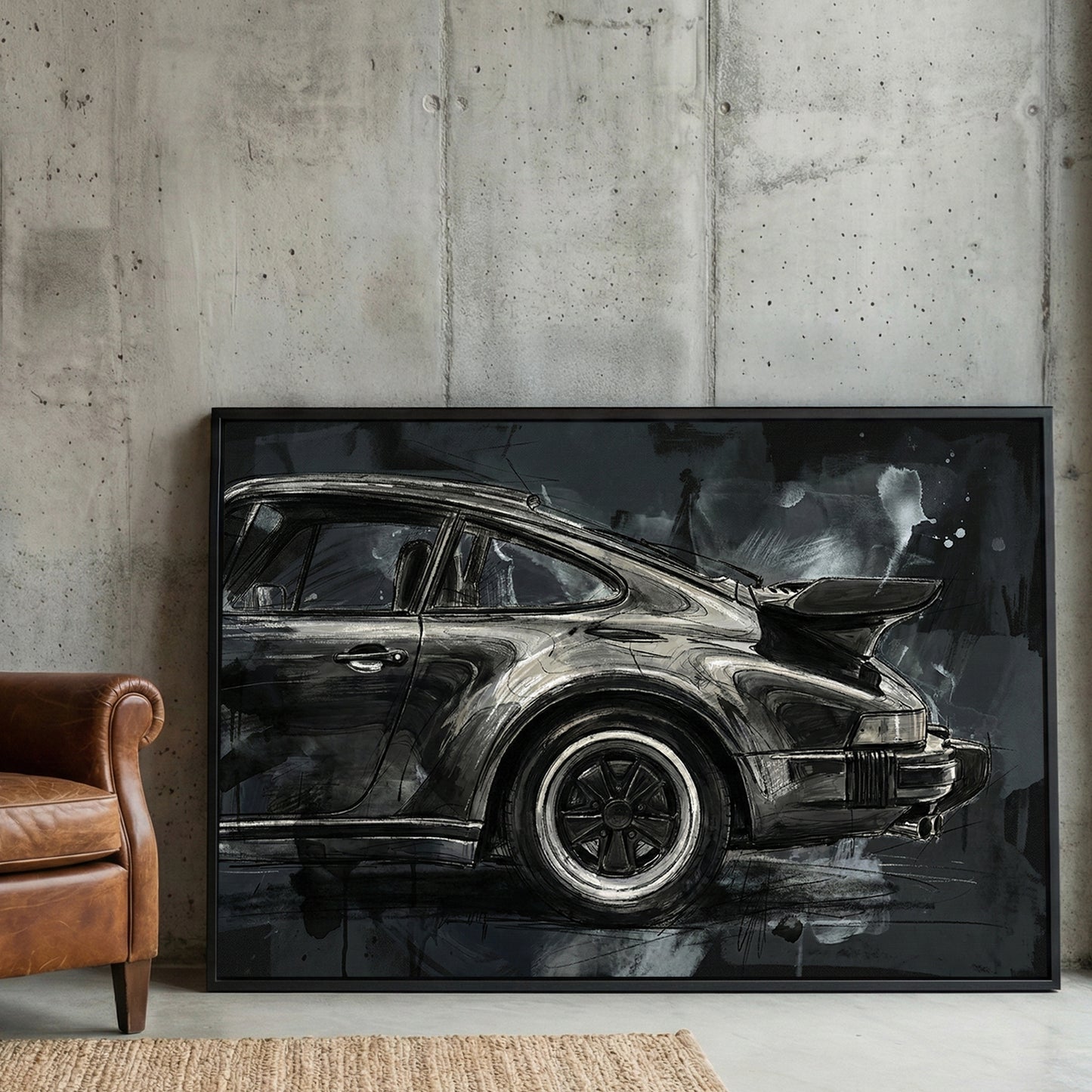 Black Porsche 911 Night Sketch framed canvas wall art print in a gallery-style display