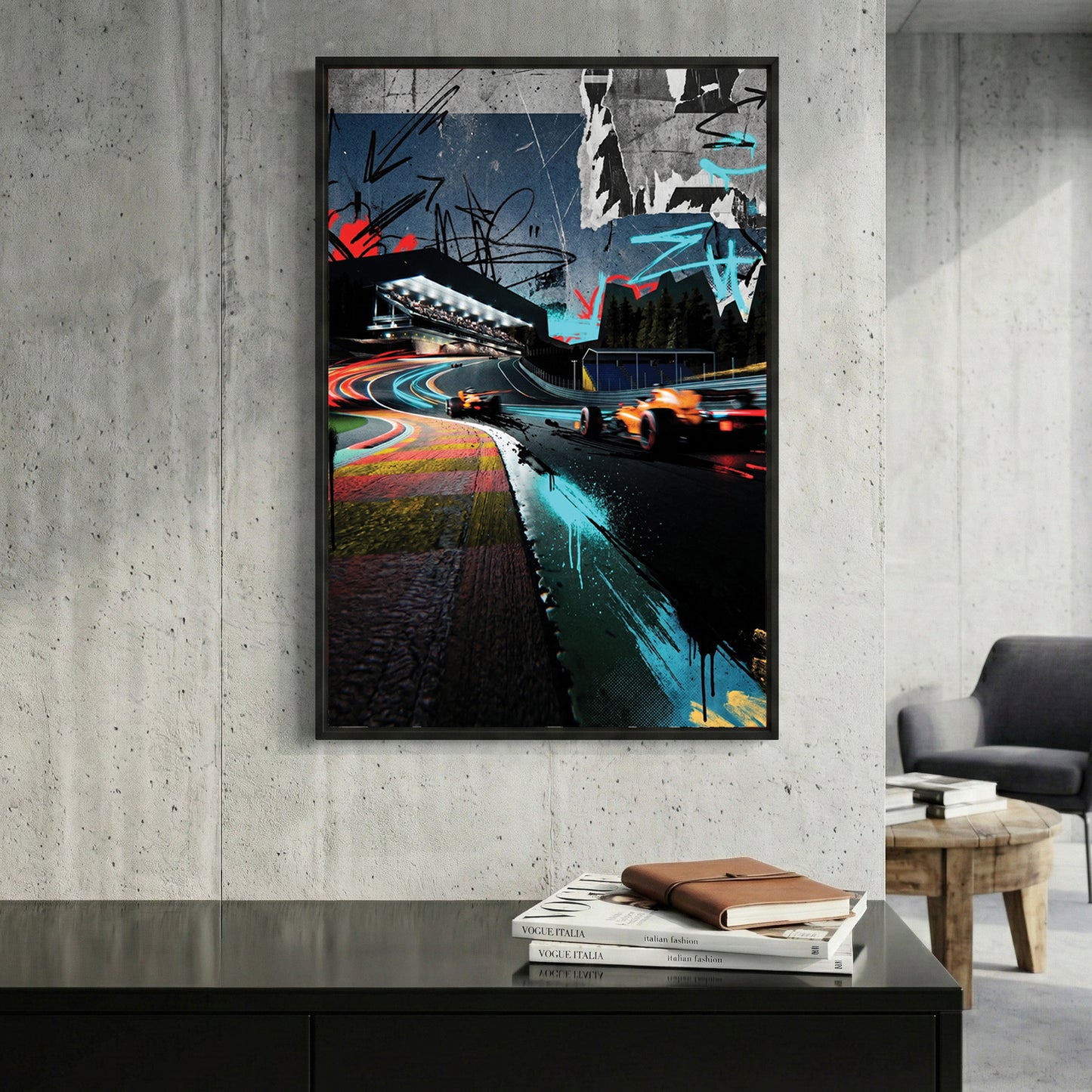 McLaren F1 Spa Belgium framed canvas wall art print in a gallery-style display