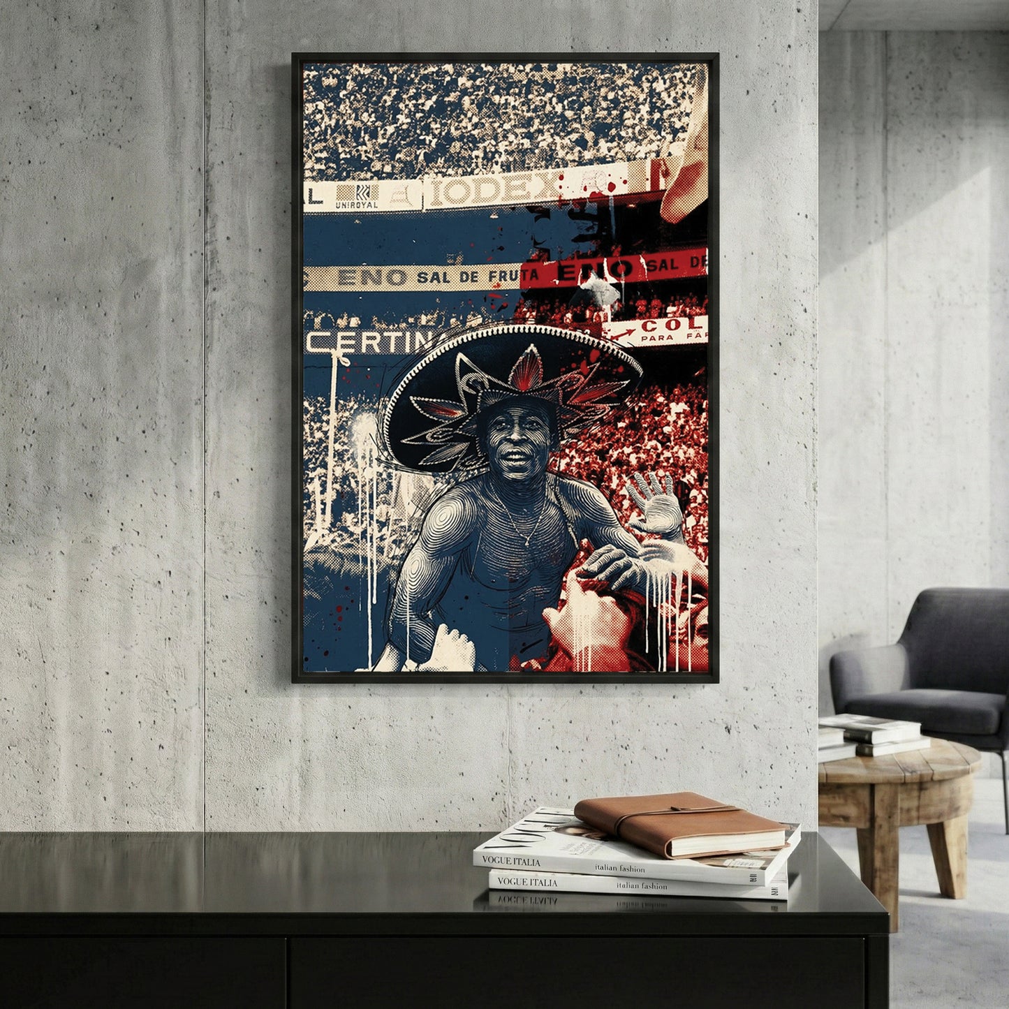 Pelé Sombrero 1970 World Cup Mexico framed canvas wall art print in a gallery-style display