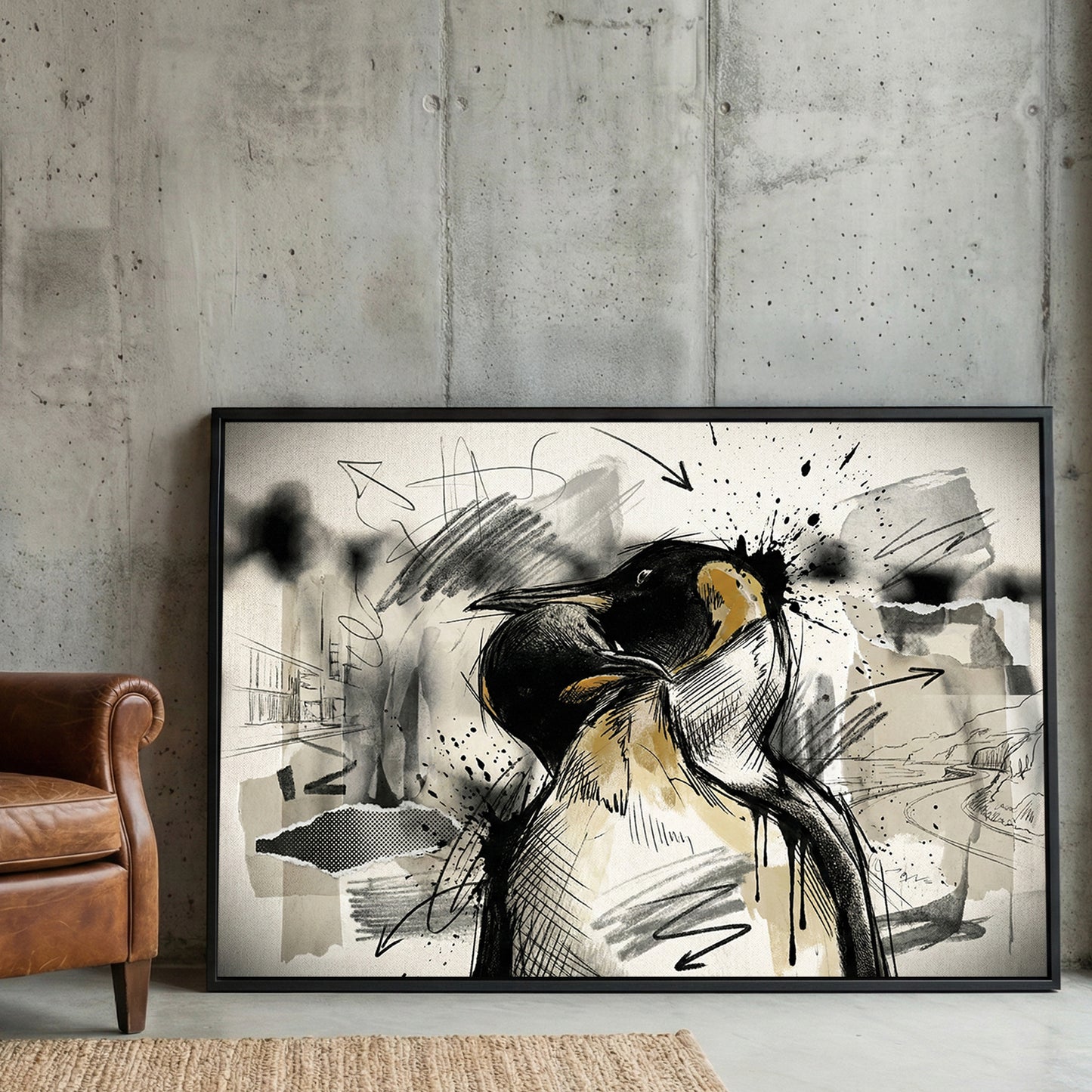 Emperor Penguin Sketch framed canvas wall art print in a gallery-style display