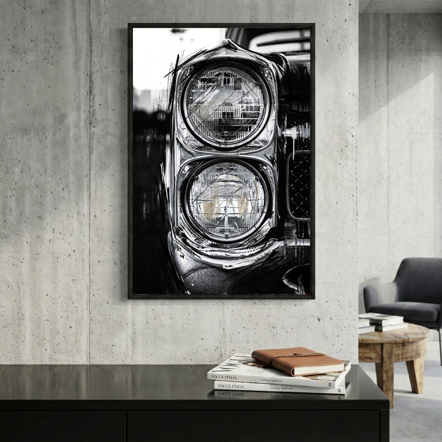 Classic Car Dual Headlights Black and White framed canvas wall art print in a gallery-style display
