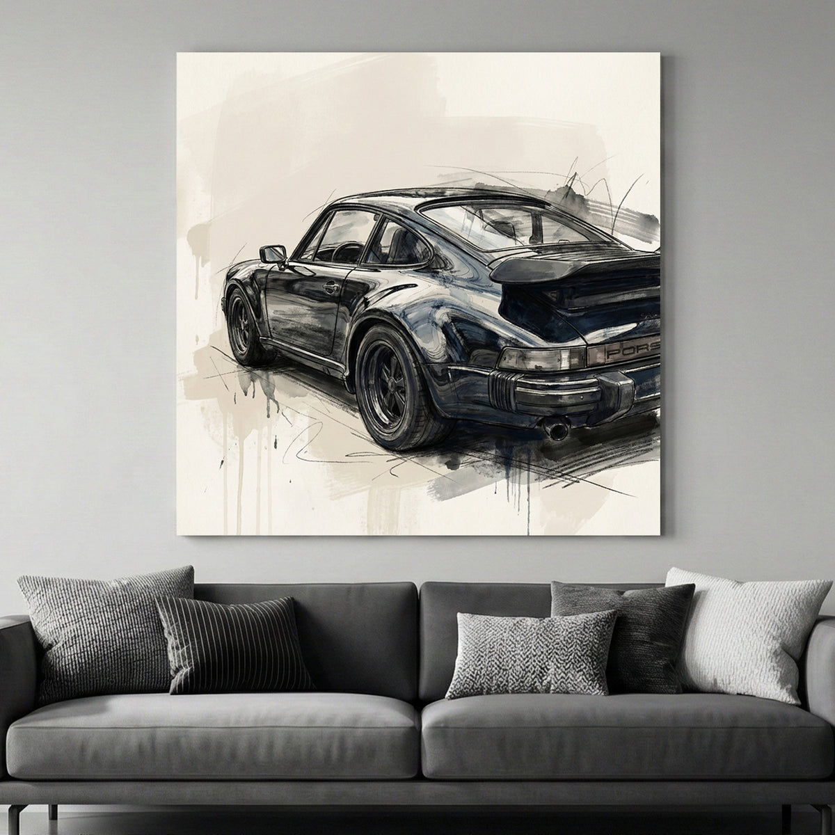 Black Porsche 911 Studio Sketch canvas wall art print above a sofa in a contemporary living room