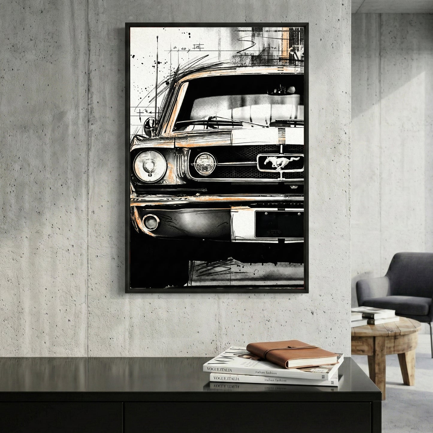 Ford Mustang Vintage Sketch framed canvas wall art print in a gallery-style display