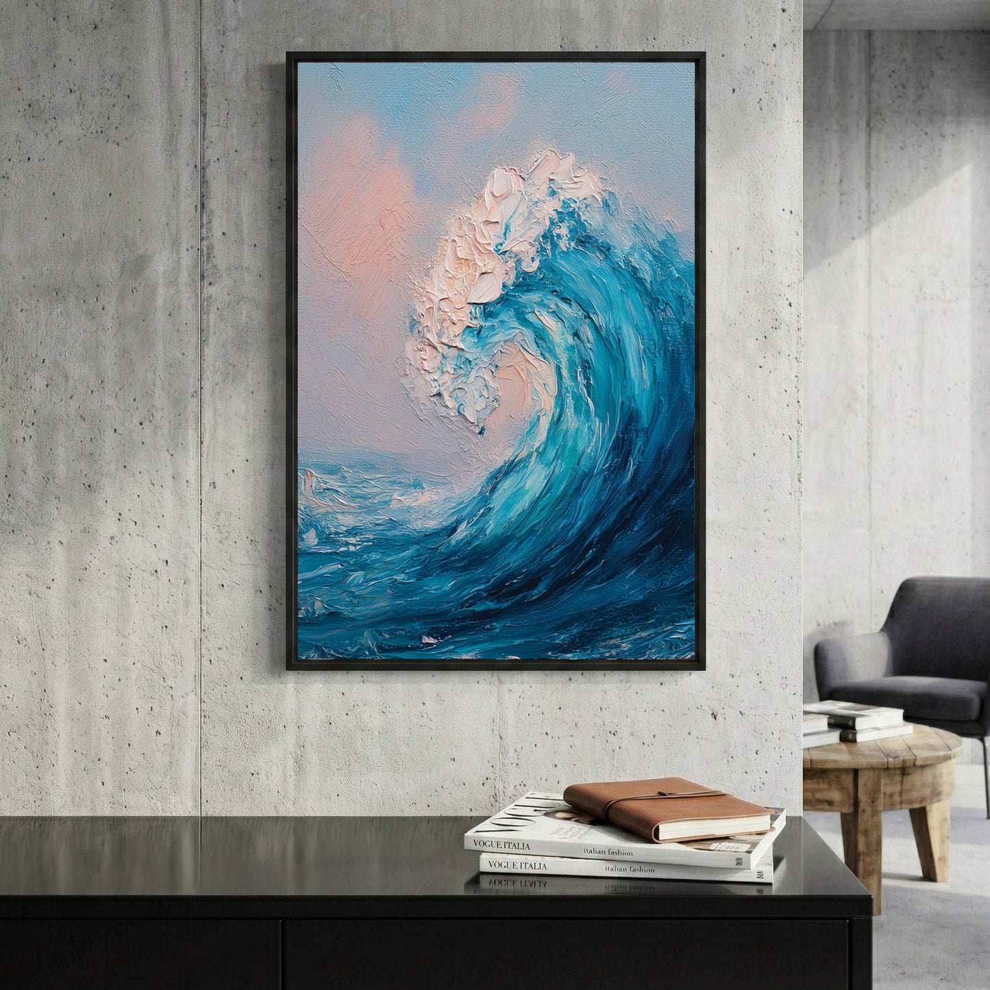 Ocean Wave Blue Pink Sky Oil Painting framed canvas wall art print in a gallery-style display