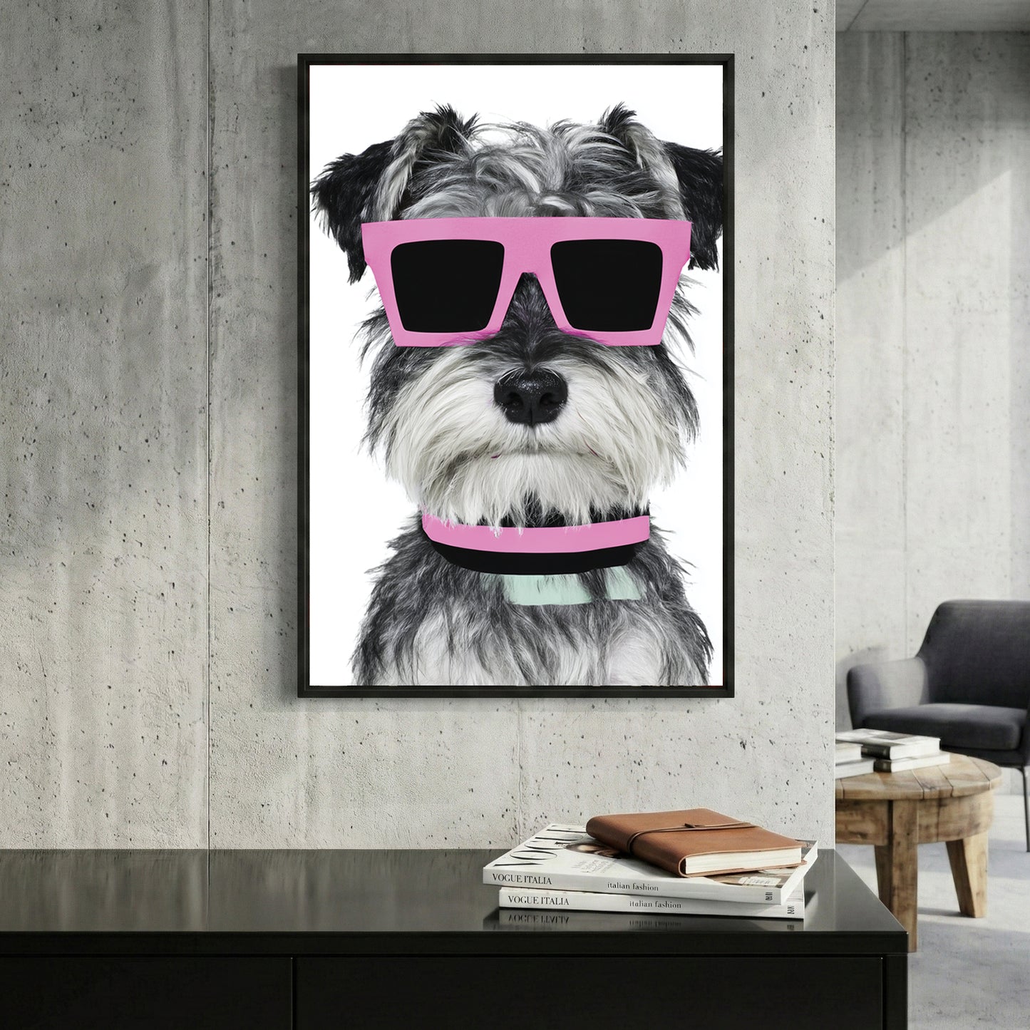 Schnauzer Dog Pink Sunglasses framed canvas wall art print in a gallery-style display