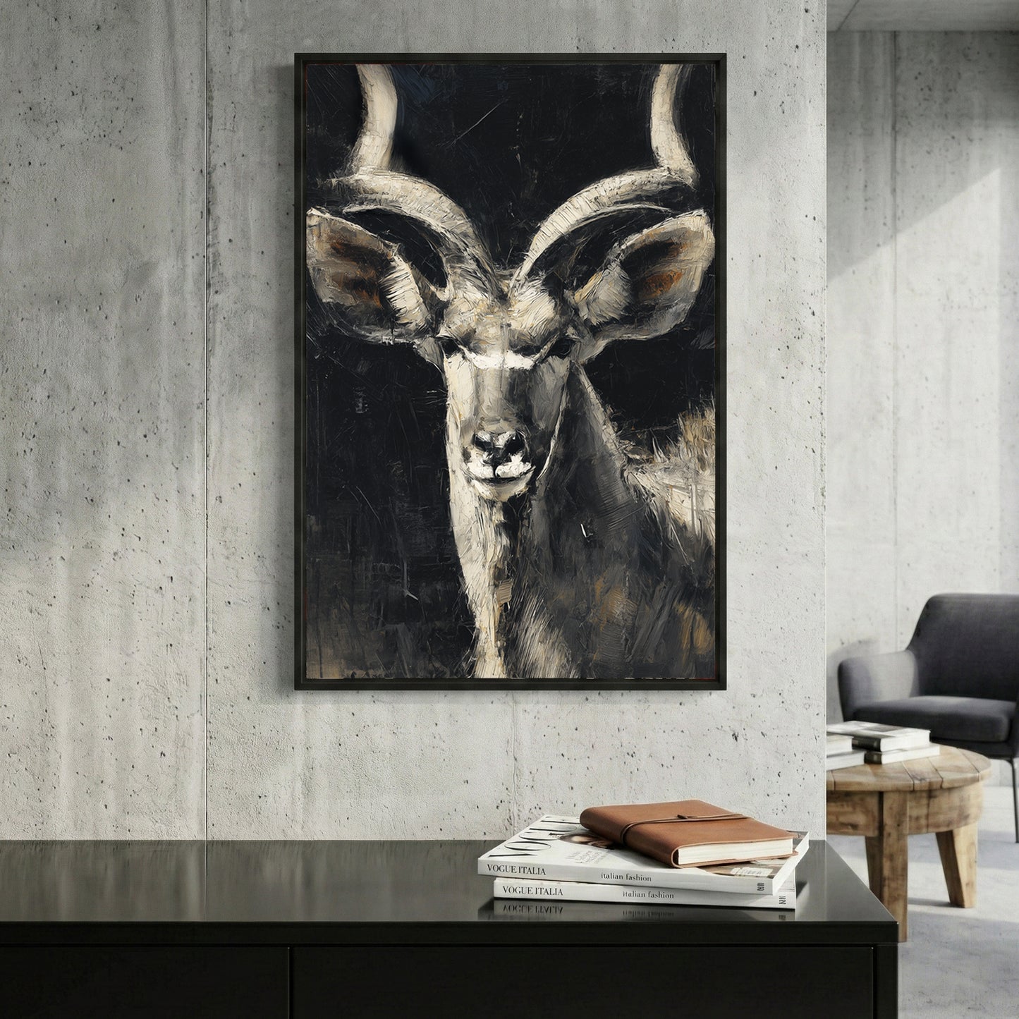 Kudu Antelope Portrait Painting framed canvas wall art print in a gallery-style display