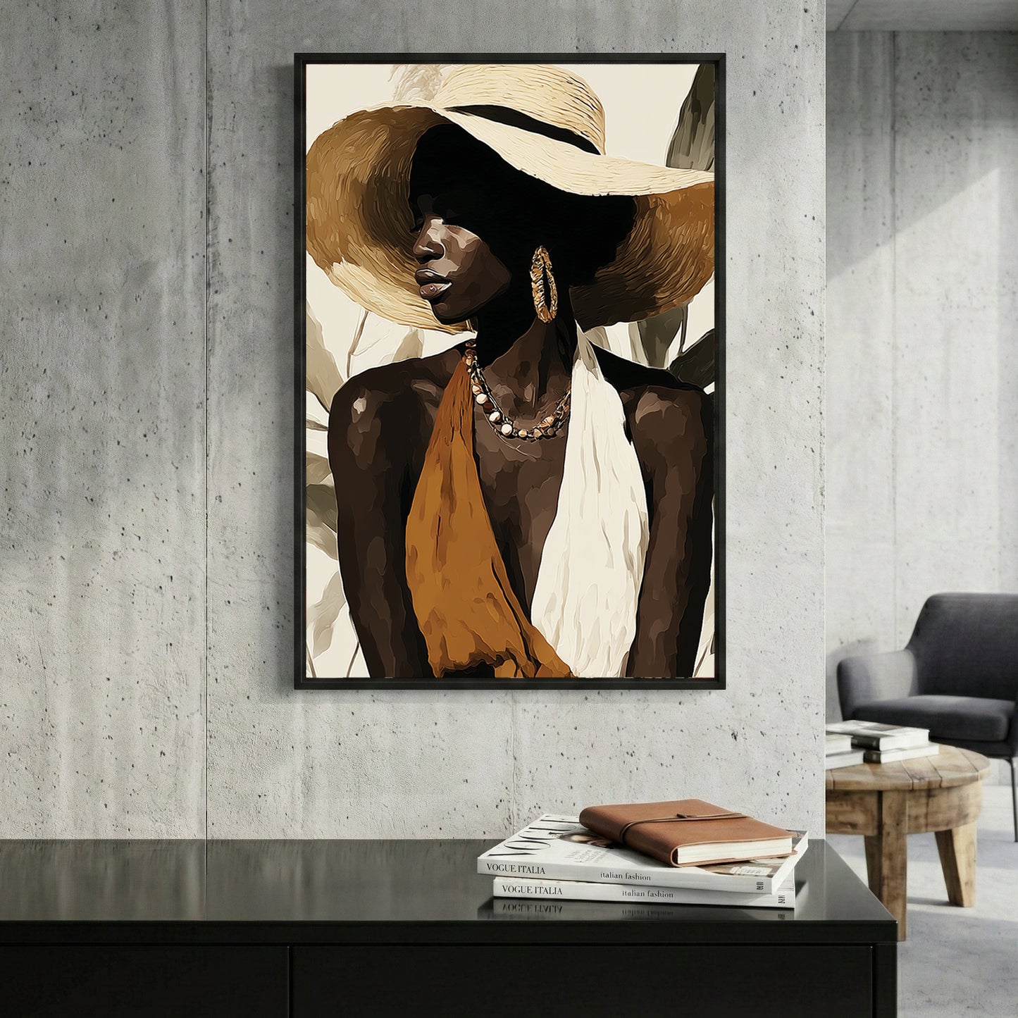 Black Woman Wide Brim Hat Painting framed canvas wall art print in a gallery-style display