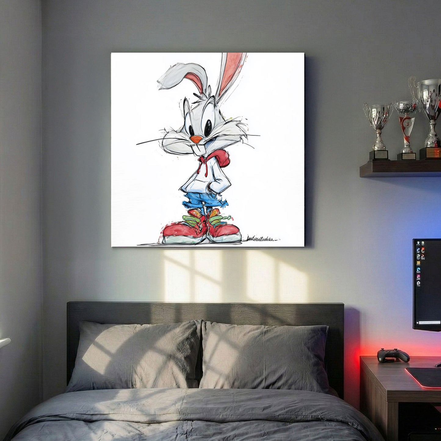 Cartoon Rabbit Sneakers Sketch canvas wall art print above a sofa in a contemporary living room