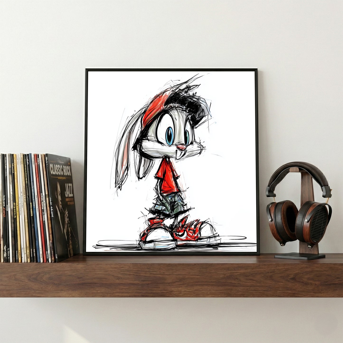 Cartoon Bunny Red Sneakers Sketch framed canvas wall art print in a gallery-style display