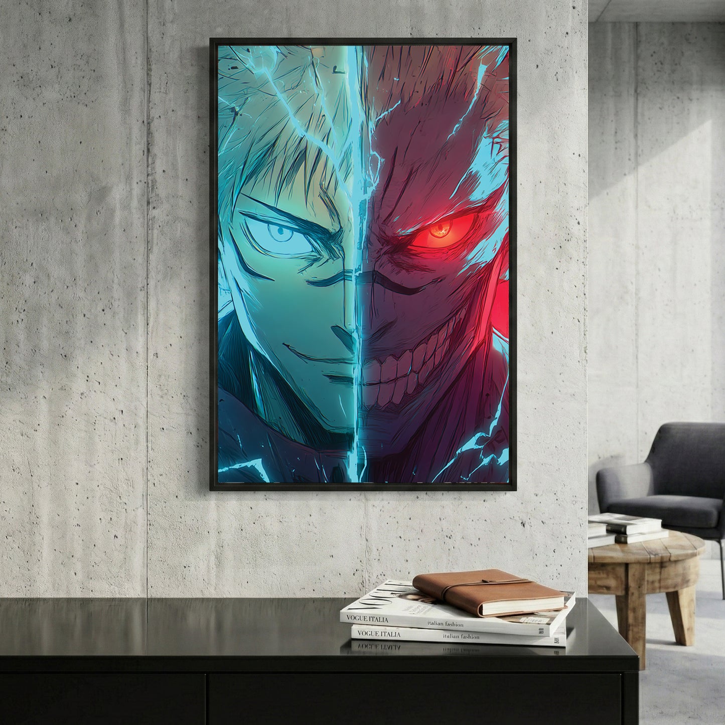 Gojo Satoru Jujutsu Kaisen Anime framed canvas wall art print in a gallery-style display