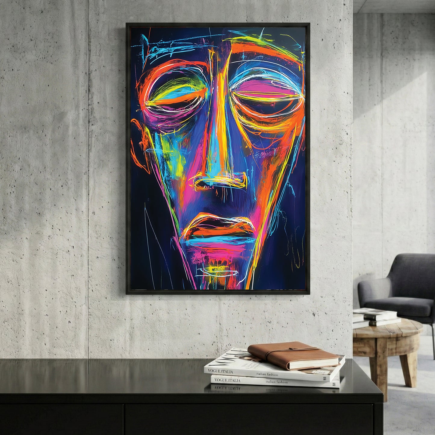Neon Abstract Face Portrait framed canvas wall art print in a gallery-style display
