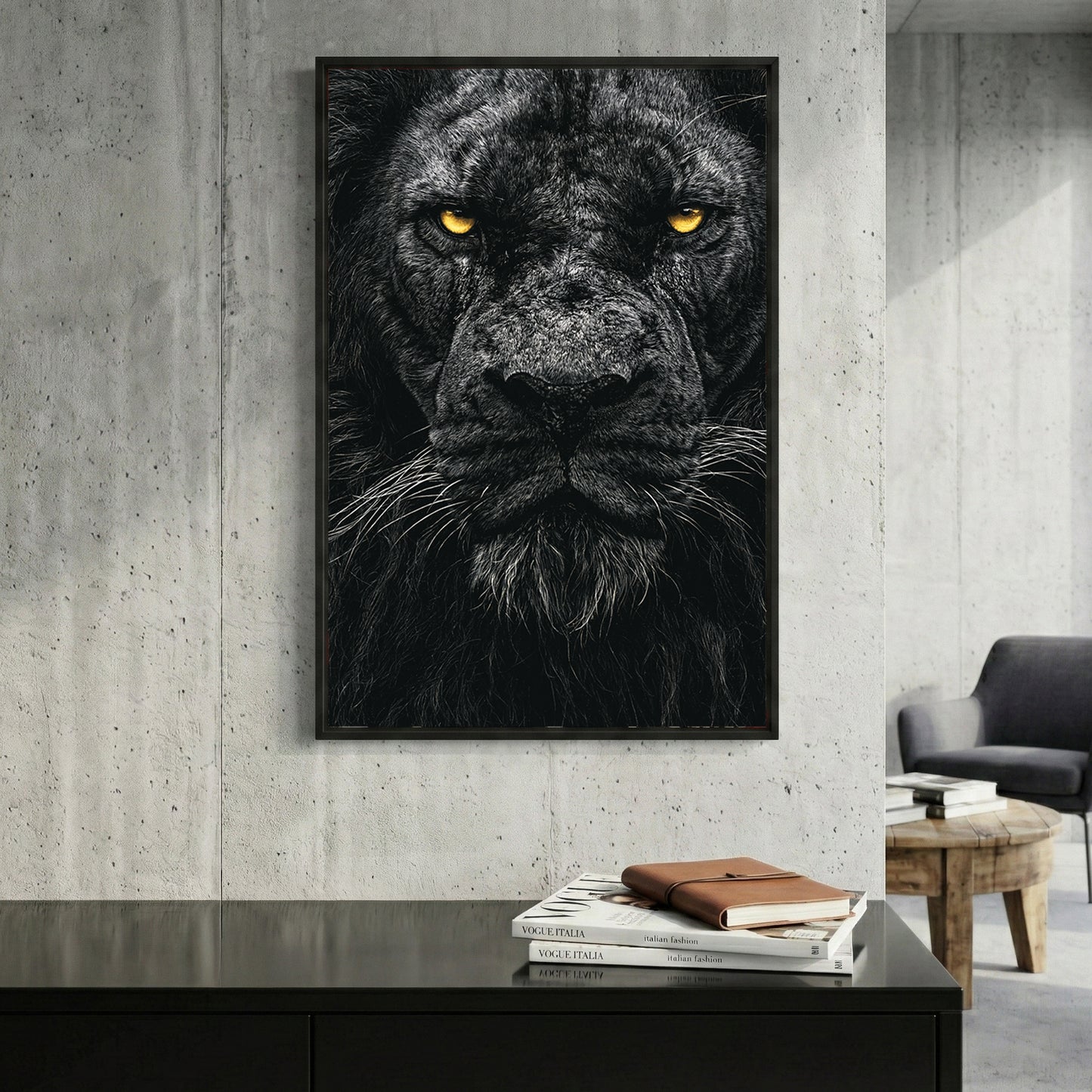Black Lion Portrait framed canvas wall art print in a gallery-style display