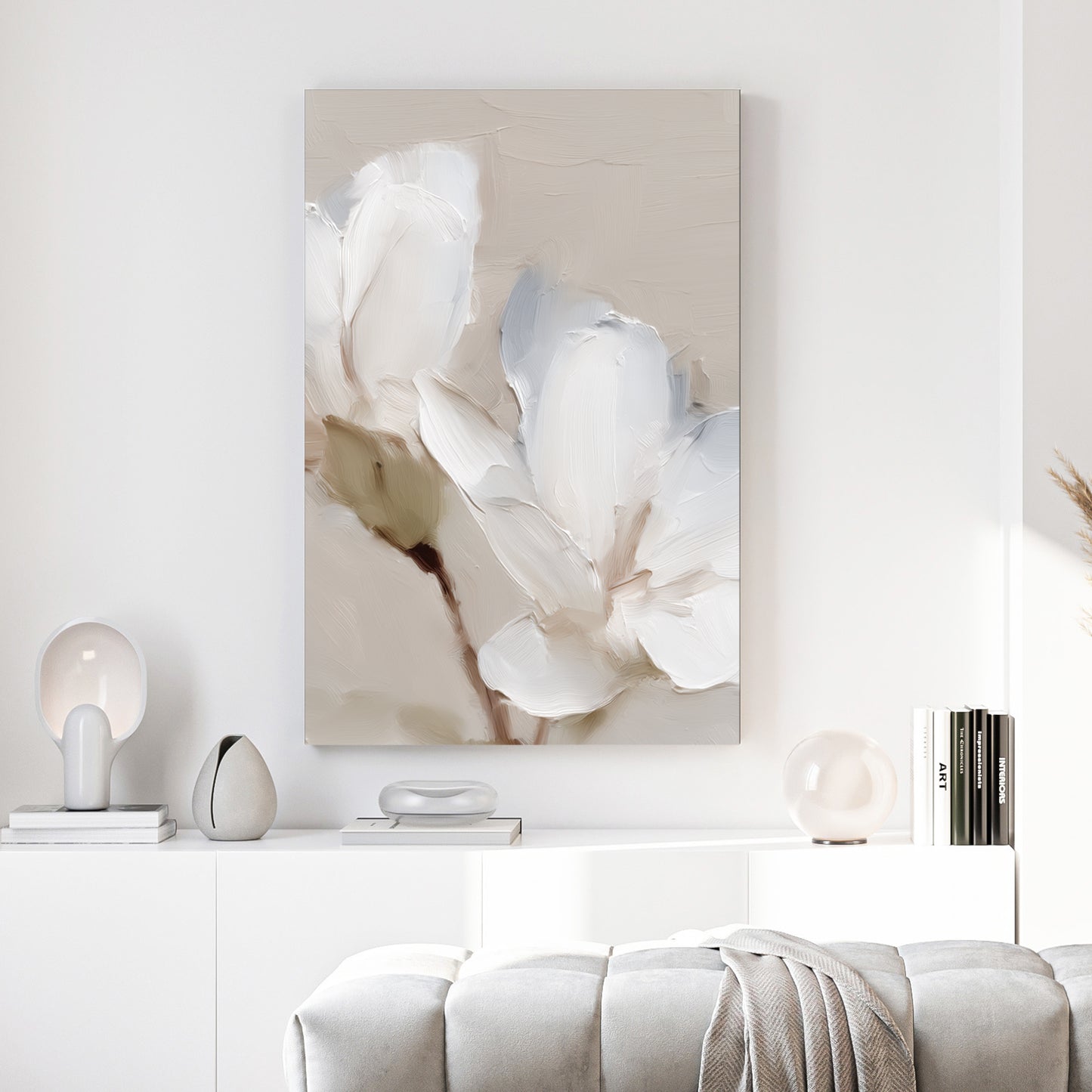 White Magnolia Flower Oil Painting canvas wall art print above a sofa in a contemporary living room