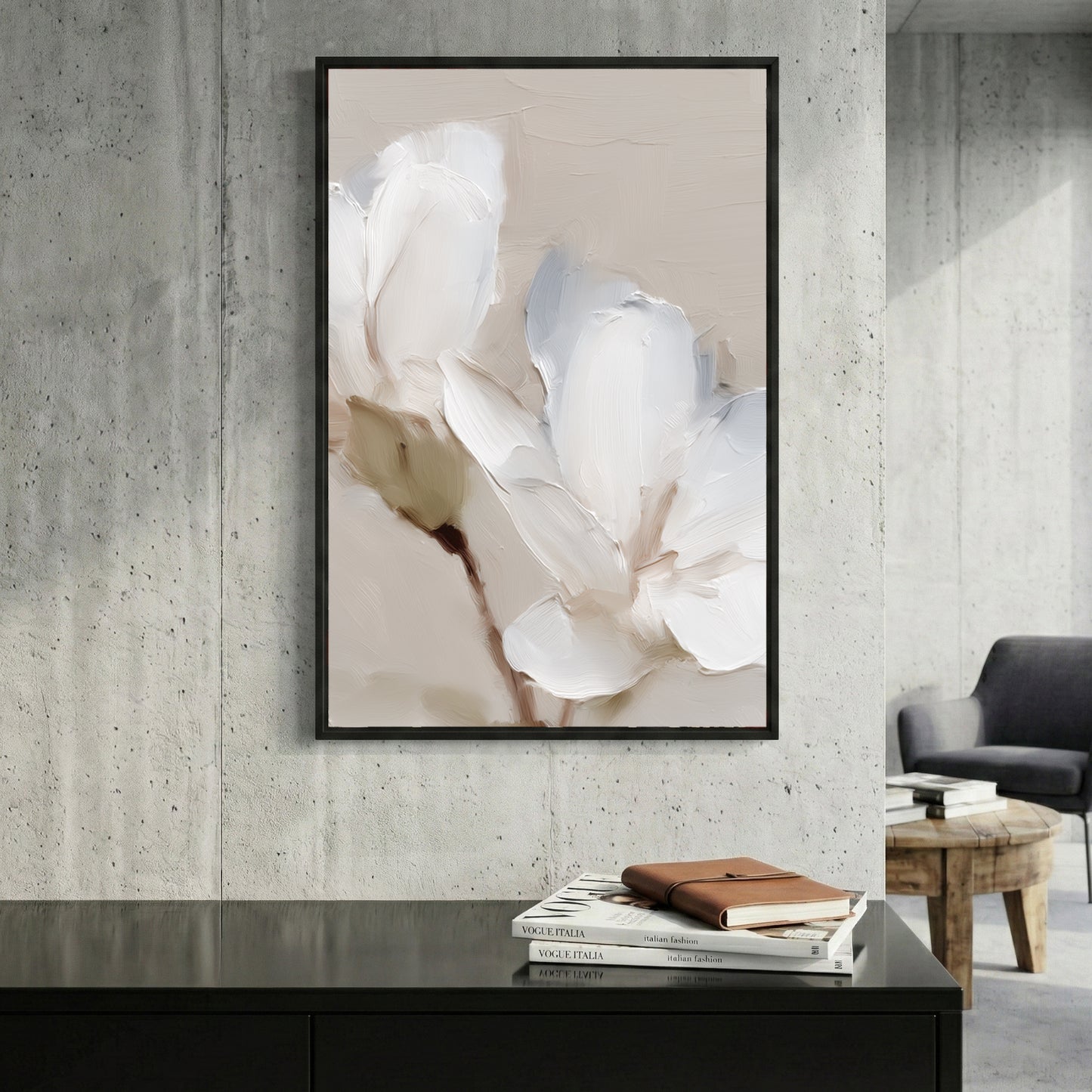 White Magnolia Flower Oil Painting framed canvas wall art print in a gallery-style display