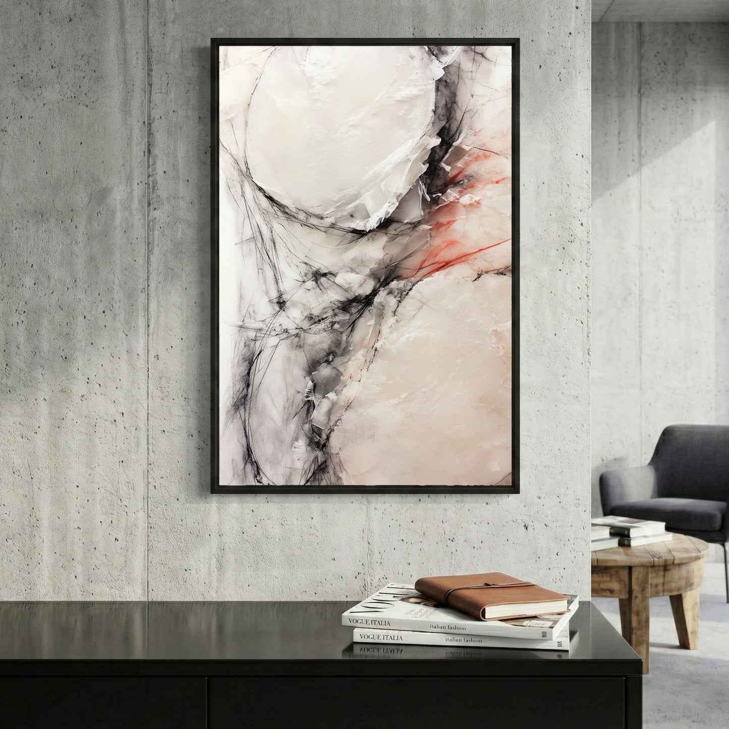 Neutral Marble Stone Abstract framed canvas wall art print in a gallery-style display