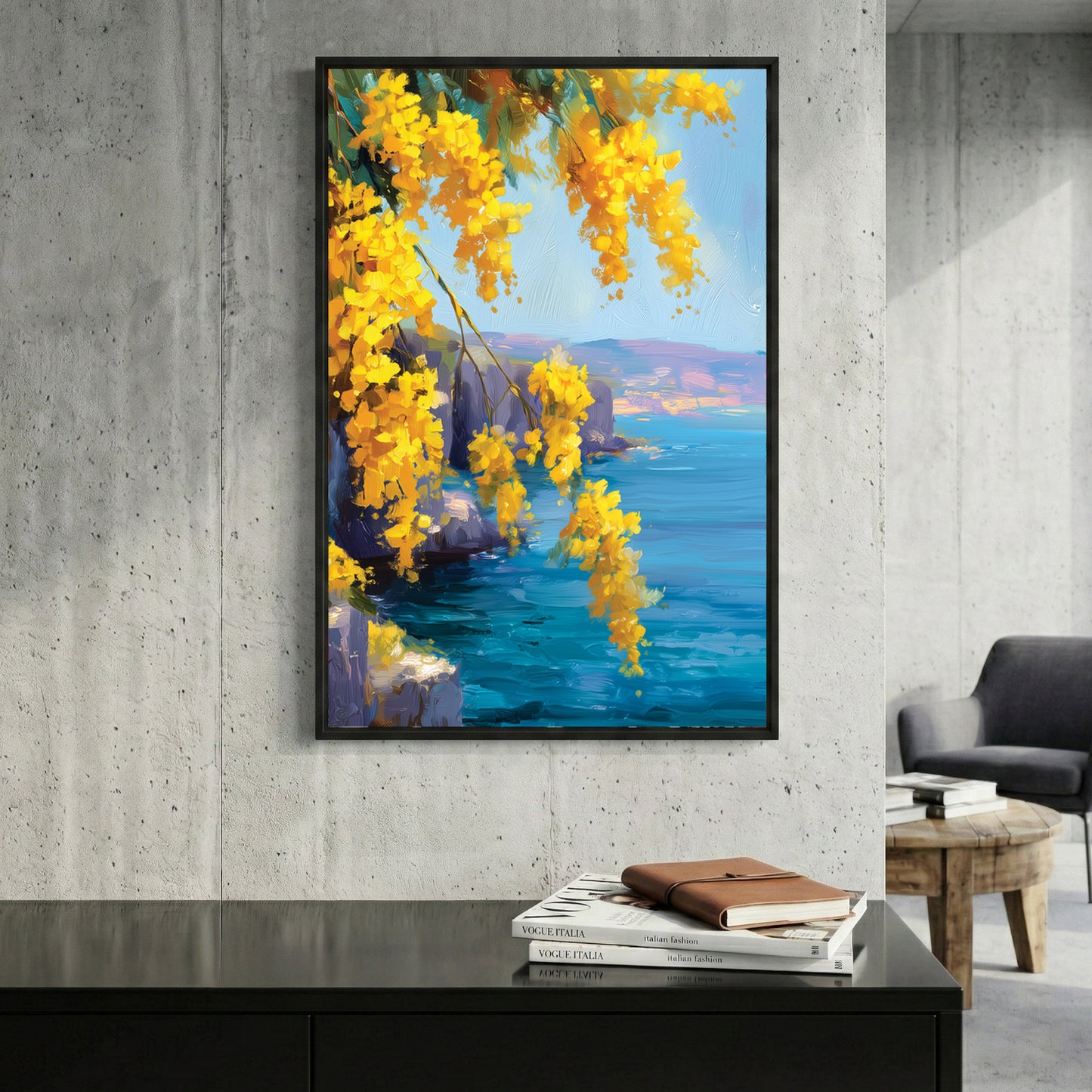 Yellow Mimosa Coastal Cliff Painting framed canvas wall art print in a gallery-style display