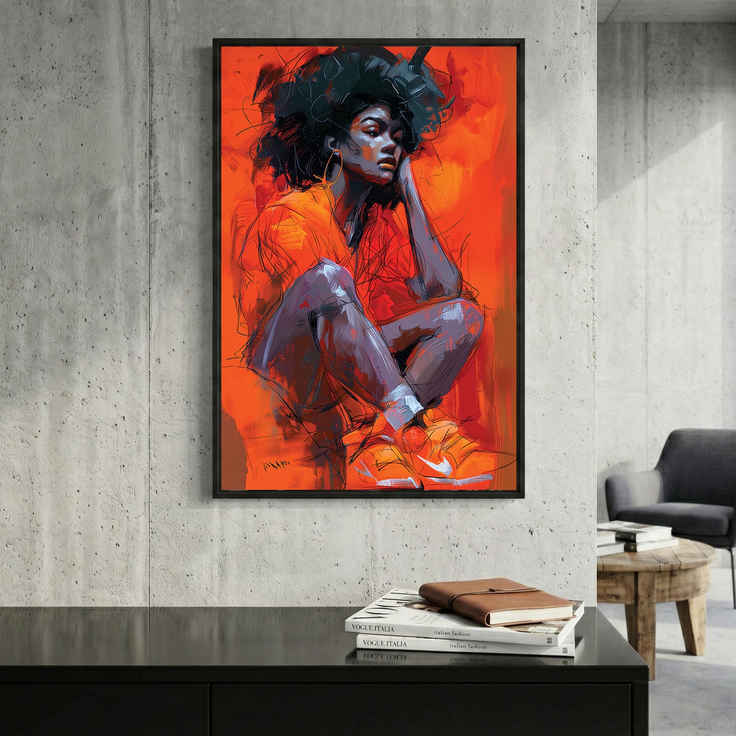 Black Woman Orange Sneakers Portrait Painting framed canvas wall art print in a gallery-style display