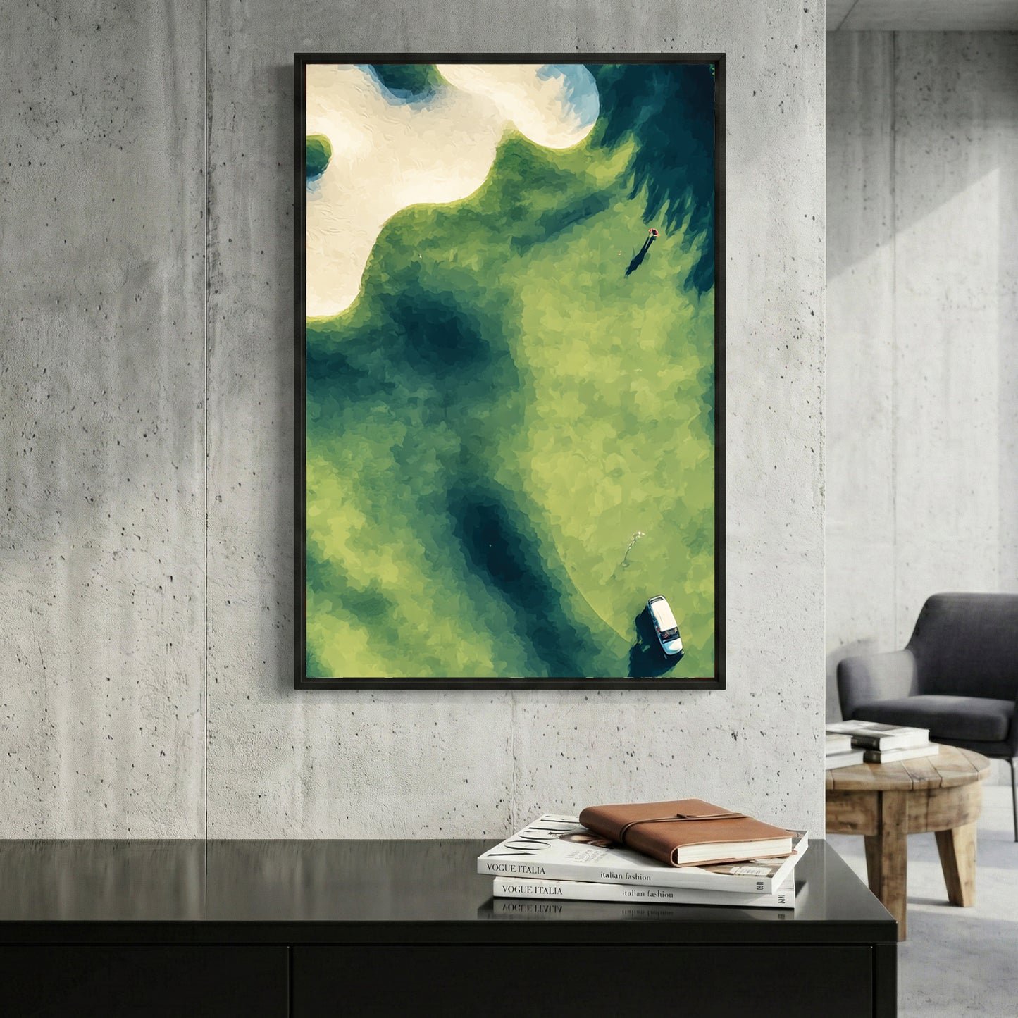 Aerial Golf Course Green Bunker Painting framed canvas wall art print in a gallery-style display