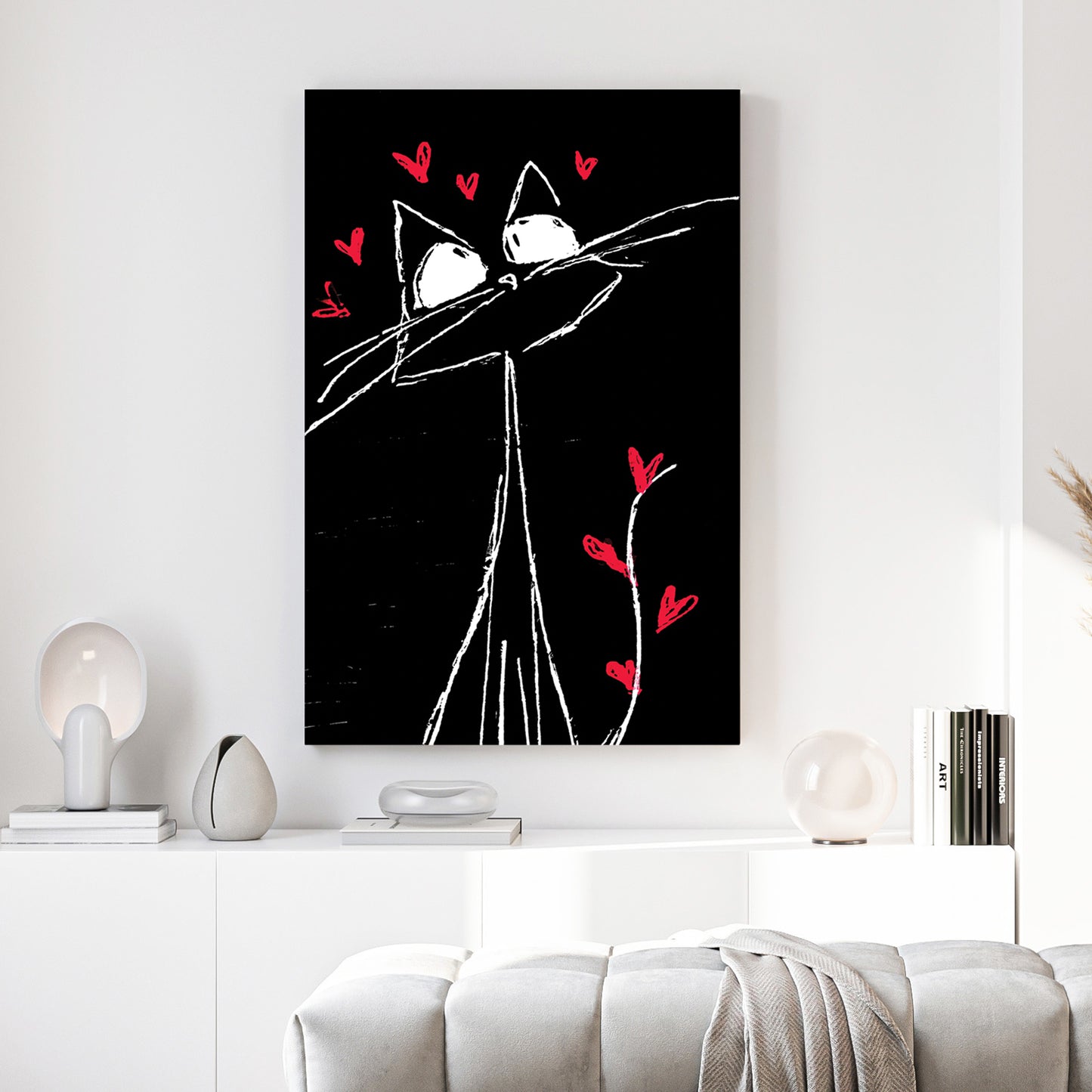 Whimsical Cat Hearts Sketch canvas wall art print above a sofa in a contemporary living room