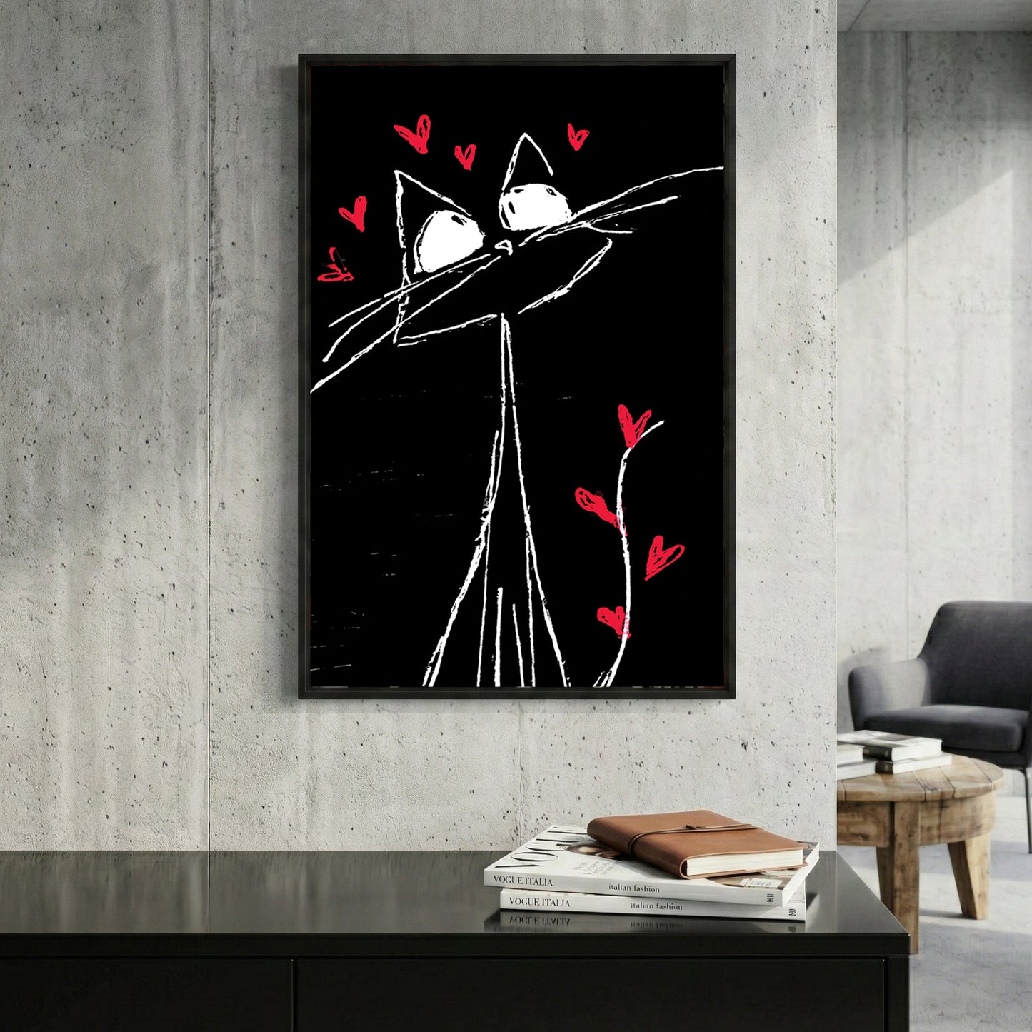 Whimsical Cat Hearts Sketch framed canvas wall art print in a gallery-style display