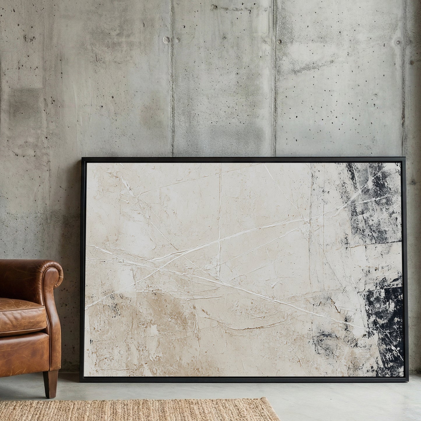 Beige Grey Neutral Abstract framed canvas wall art print in a gallery-style display
