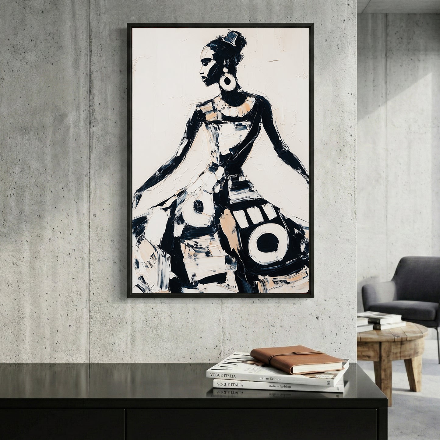 African Woman Traditional Dress Painting framed canvas wall art print in a gallery-style display