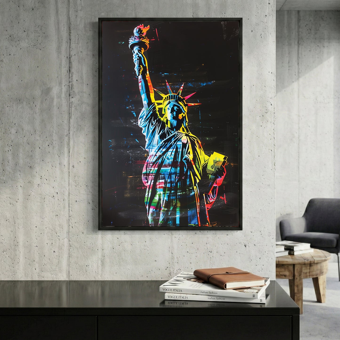 Statue of Liberty Neon Pop Art framed canvas wall art print in a gallery-style display