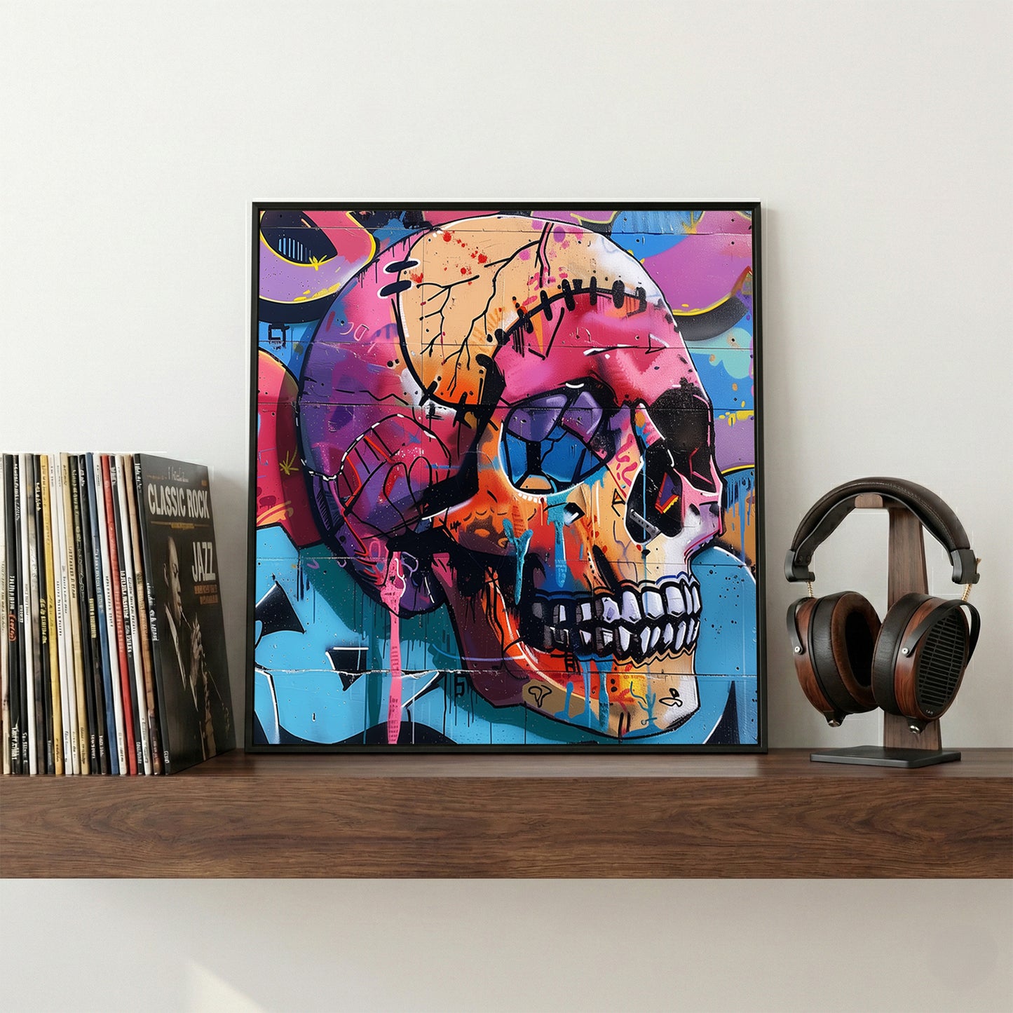 Graffiti Skull Pop Art framed canvas wall art print in a gallery-style display