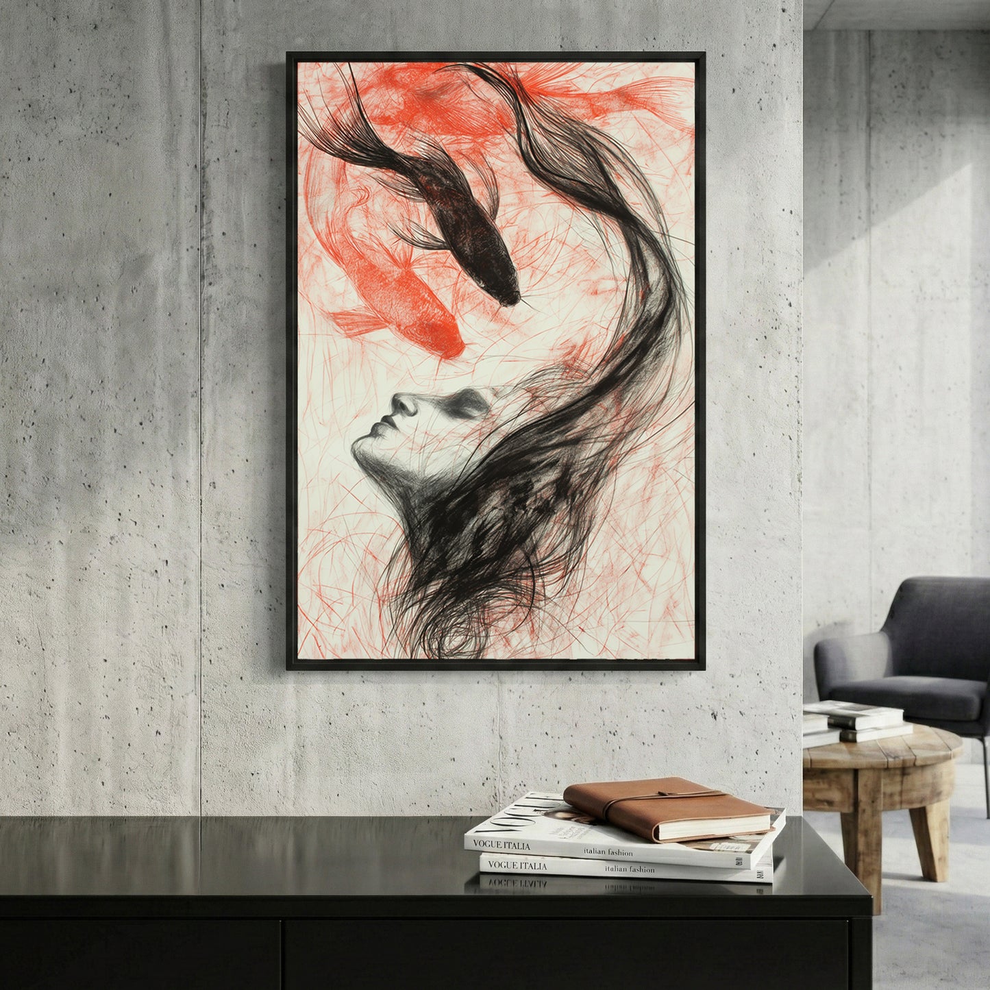 Woman Koi Fish Hair Charcoal framed canvas wall art print in a gallery-style display