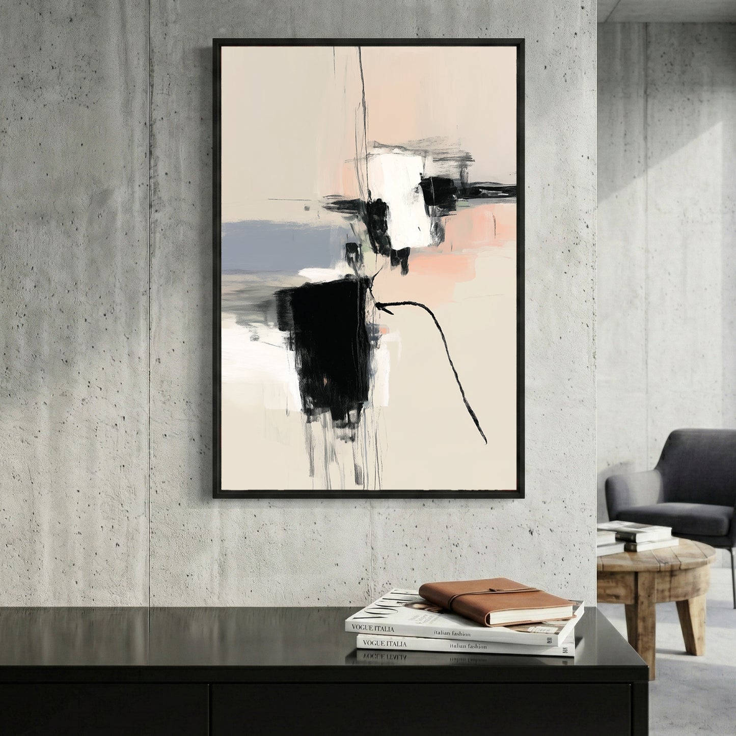 Black White Blush Minimalist Abstract framed canvas wall art print in a gallery-style display