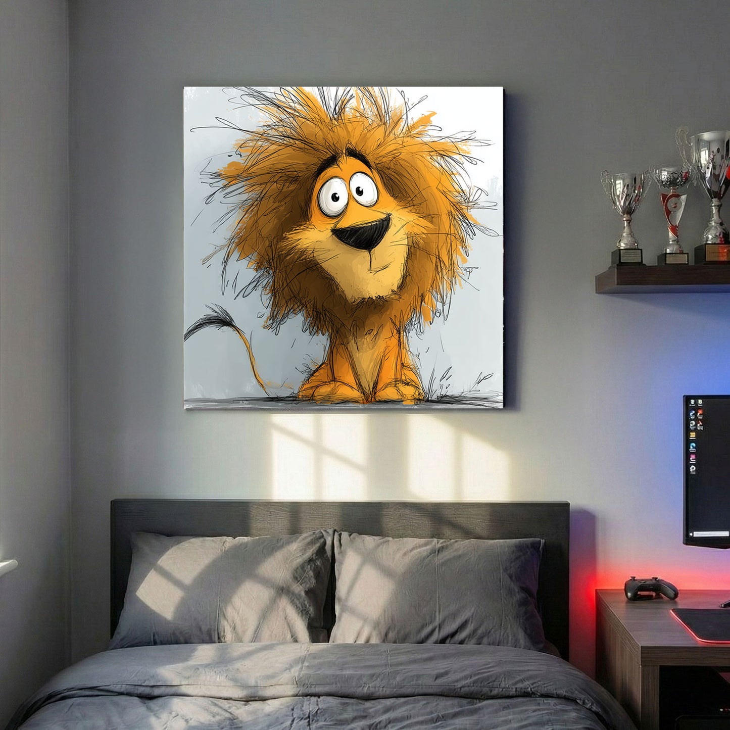 Whimsical Cartoon Lion Kids canvas wall art print above a sofa in a contemporary living room