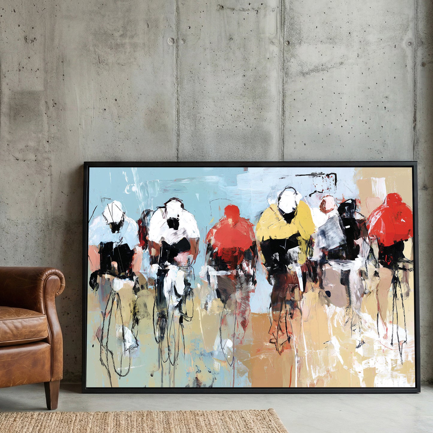 Street Cyclists Race Abstract Painting framed canvas wall art print in a gallery-style display